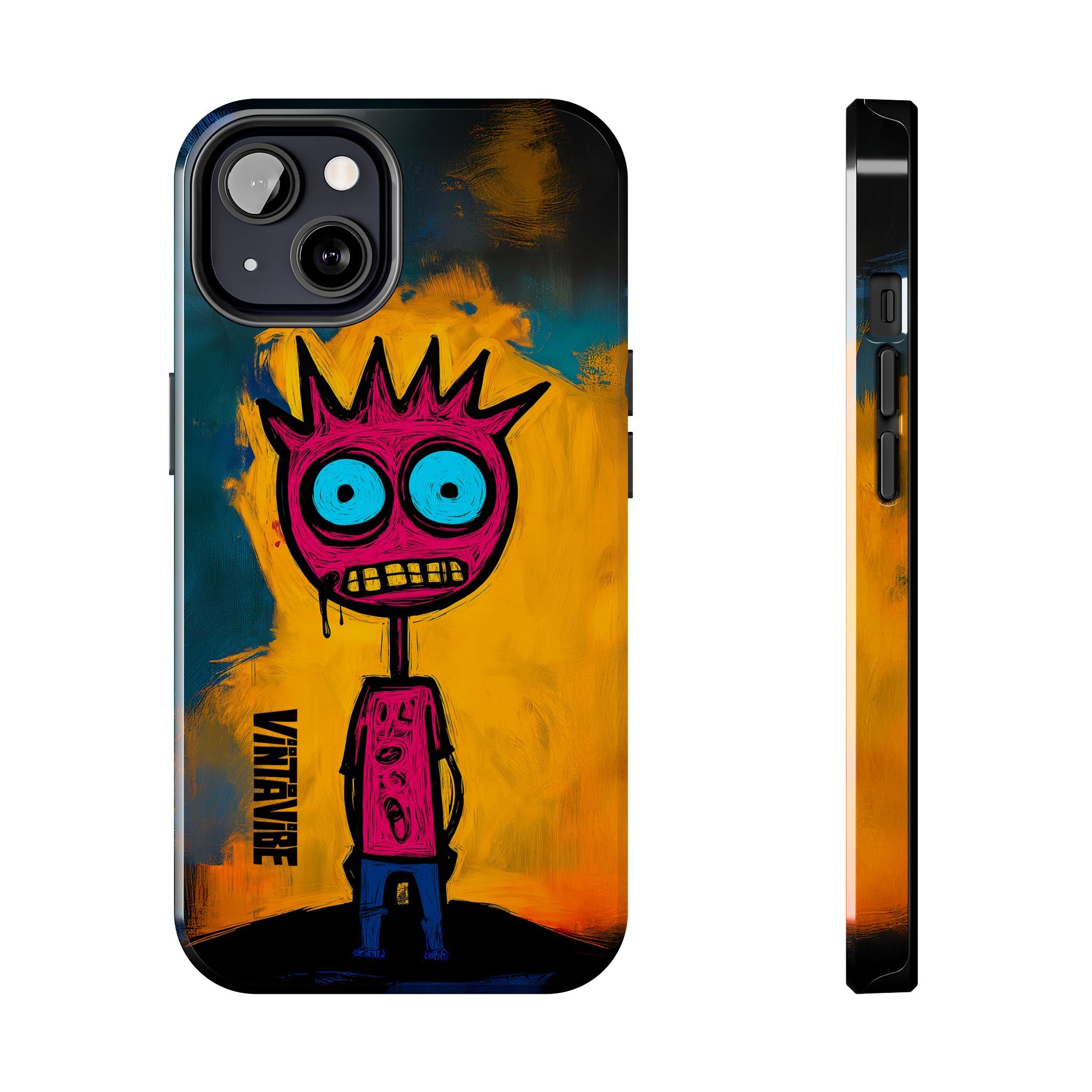 Weird Vibe iPhone Case - Confused Zap with expressive pink figure and vibrant background, designed for durability and style.