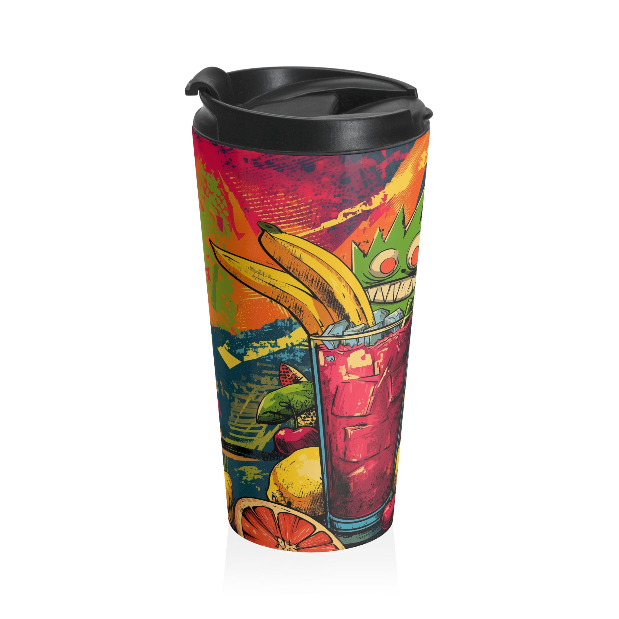 Hyper Vibe Spiked Punch Tumbler with bananas, citrus, and a quirky monster in a red drink, ideal for bold drinkware lovers on the go.