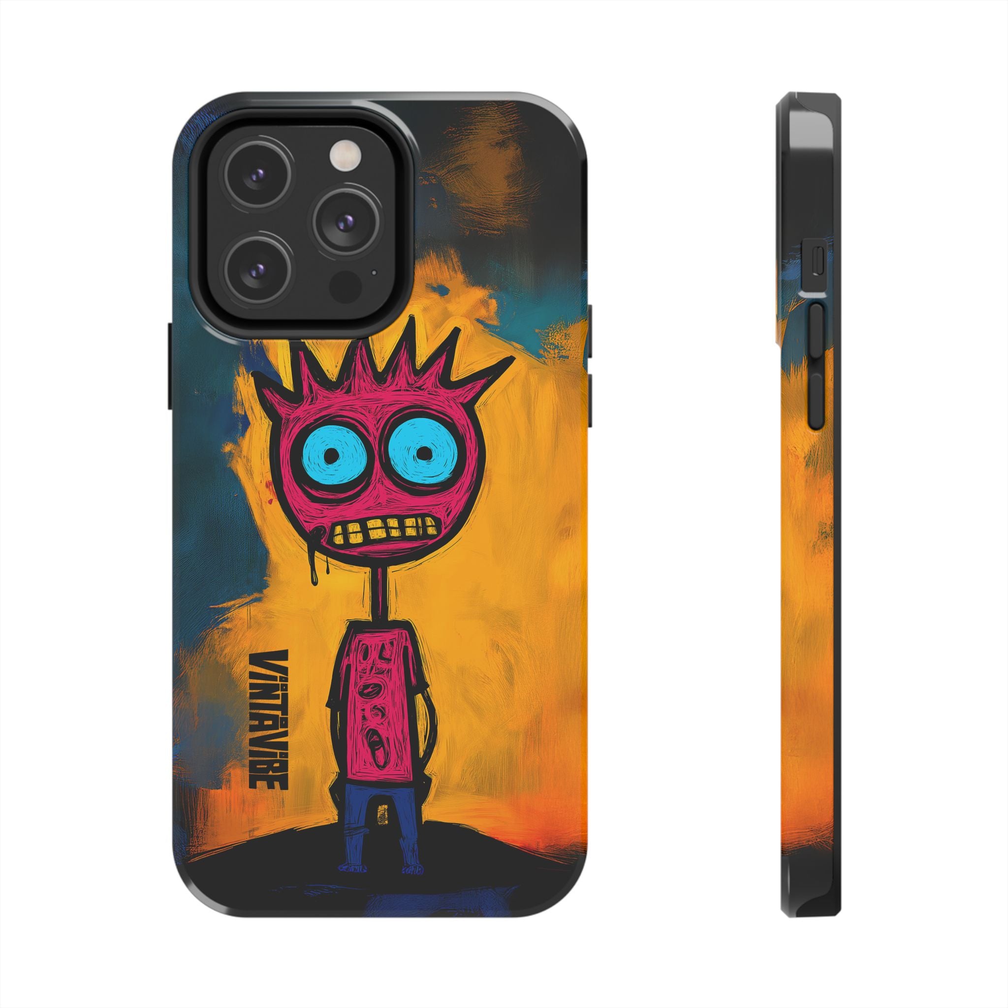 Weird Vibe iPhone Case - Confused Zap with vibrant pink and blue character on orange background, offering strong phone protection.
