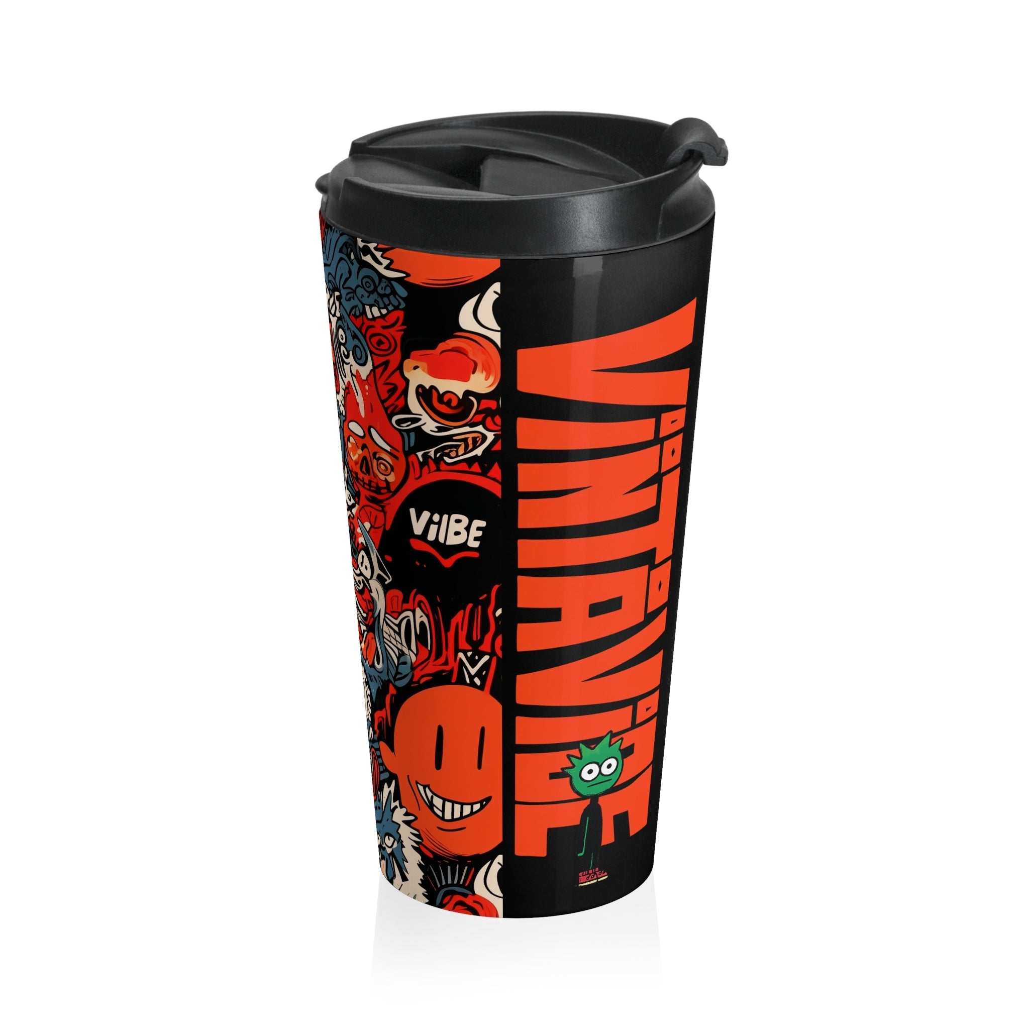 Designer Travel Tumbler - VintaVibe Energy with bold VintaVibe logo and expressive monster art, perfect for vibrant, on-the-go lifestyles.