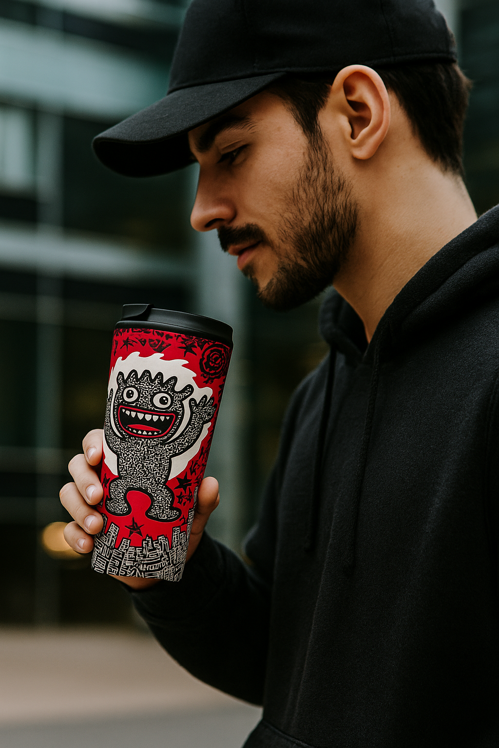 Man holding City Scream Tumbler - Designer Travel | Stainless, BPA-Free, showcasing bold monster art and urban style for on-the-go coffee moments.