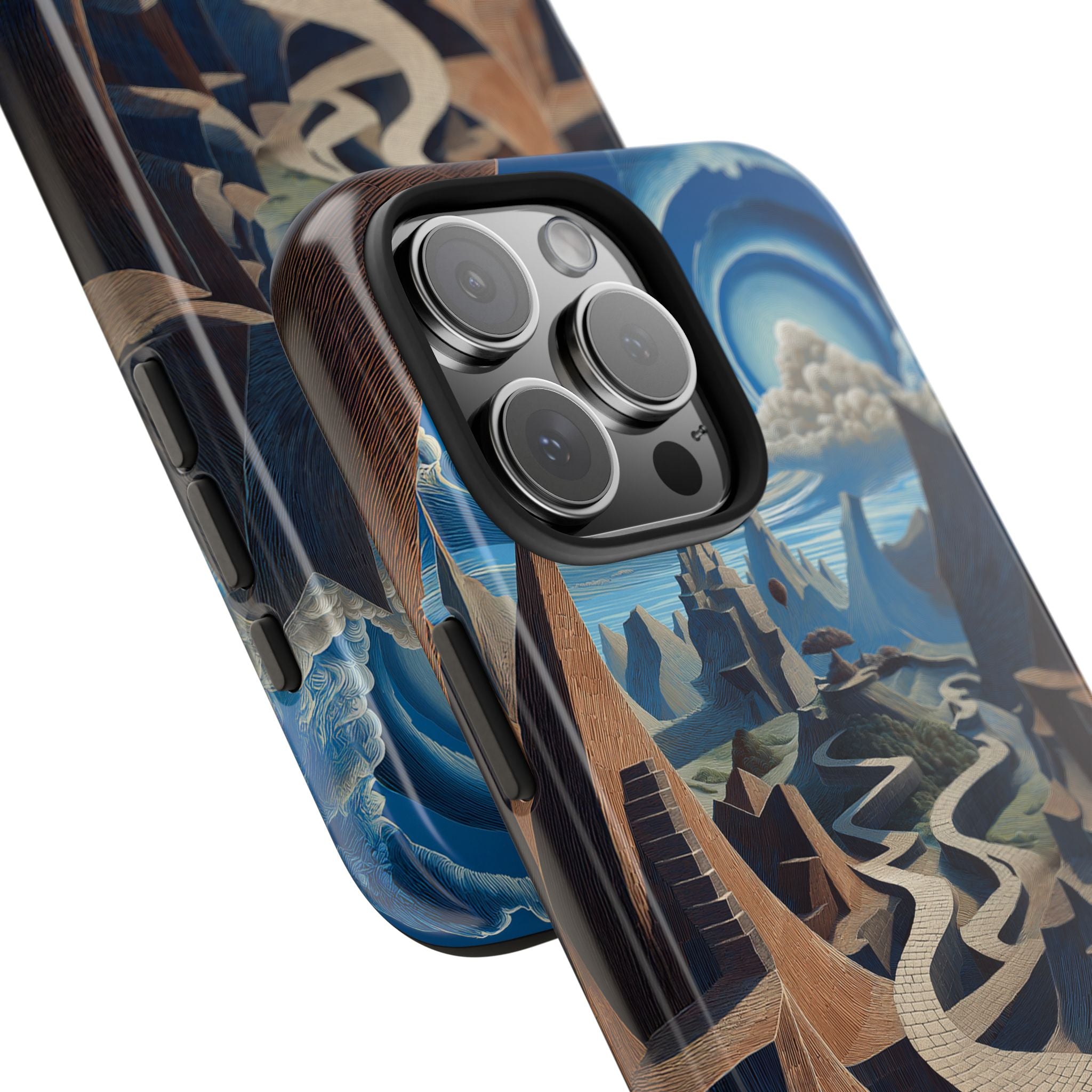 Close-up of Winding Realities iPhone® Case showing intricate surreal design and premium glossy finish for stylish phone protection.