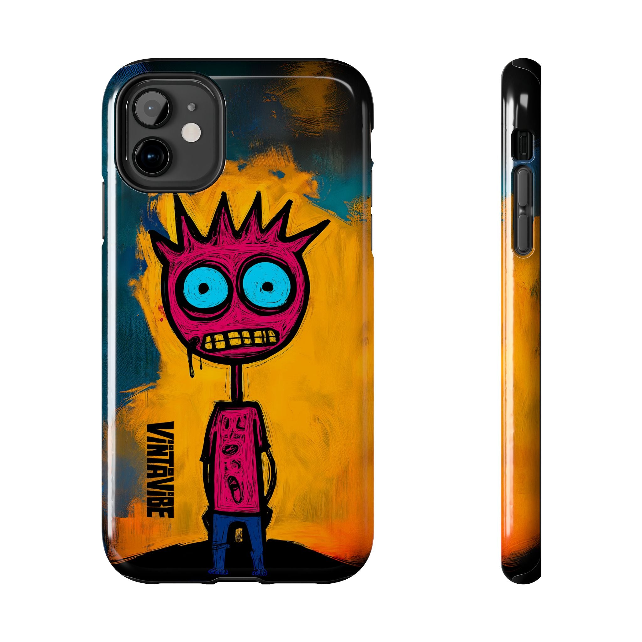 Weird Vibe iPhone Case - Confused Zap shown from front and side angles, emphasizing slim fit and vibrant, quirky design.