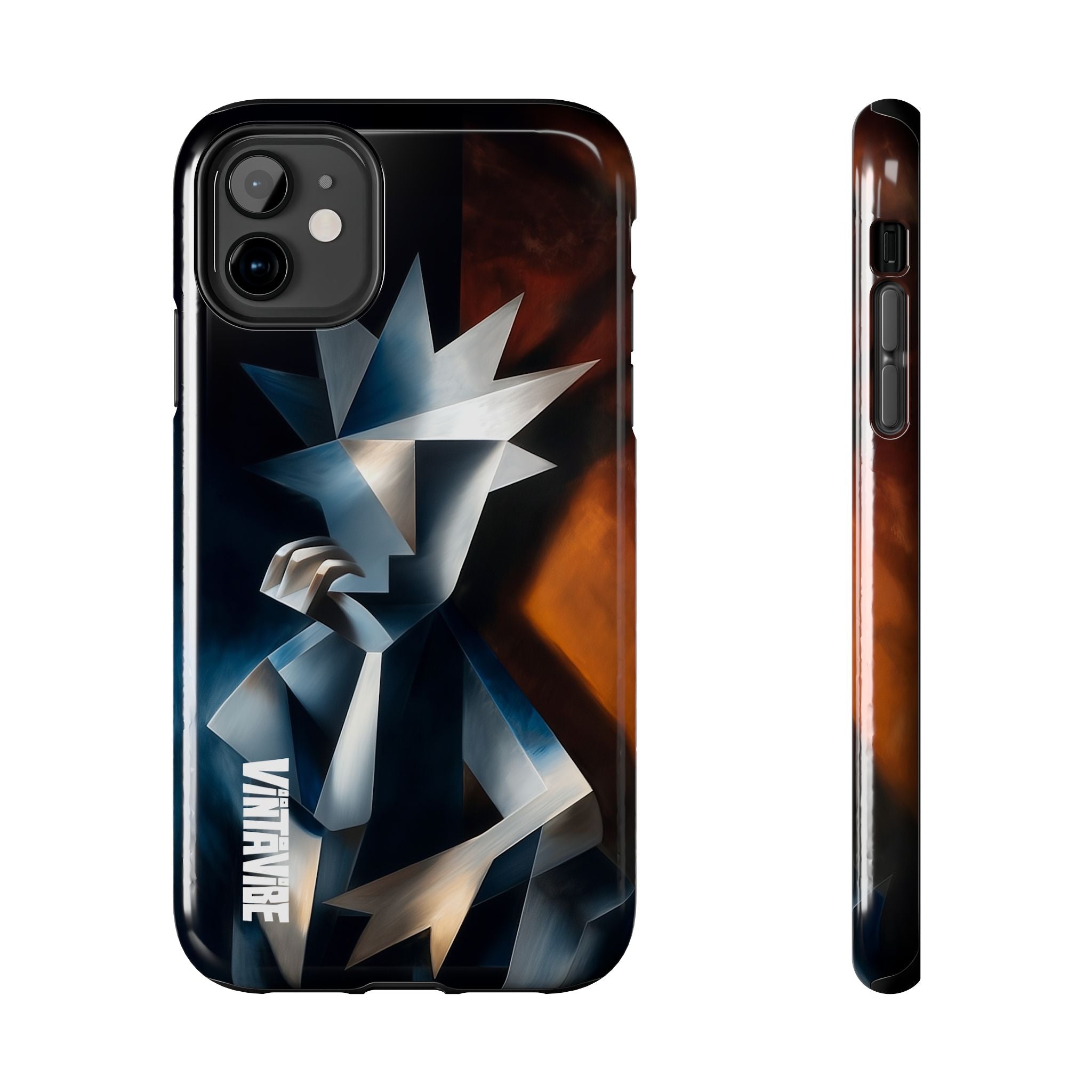 Silent Form iPhone® Case with side view, highlighting slim profile and abstract art design in dark blue and burnt orange tones.