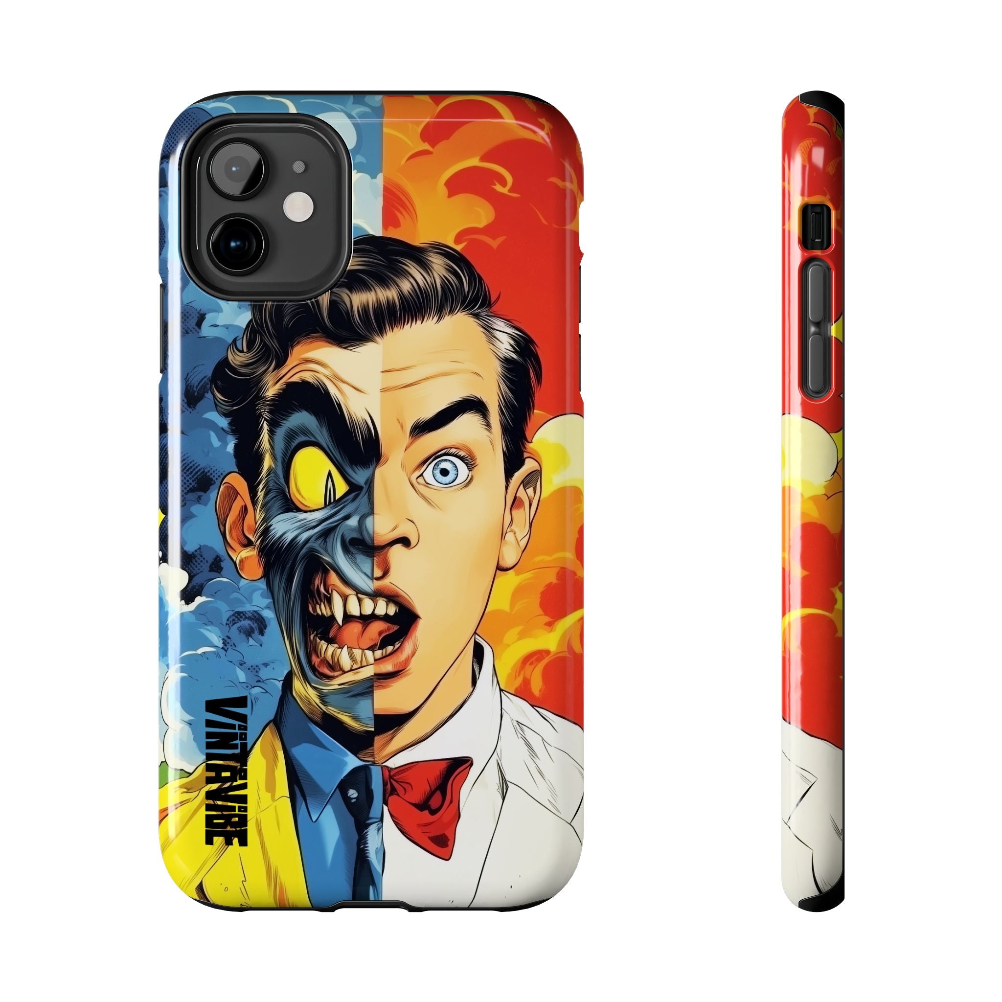 Side and back view of Dual Persona iPhone Case - Hyper Vibe, showcasing vibrant artwork and slim, protective profile for modern smartphones.