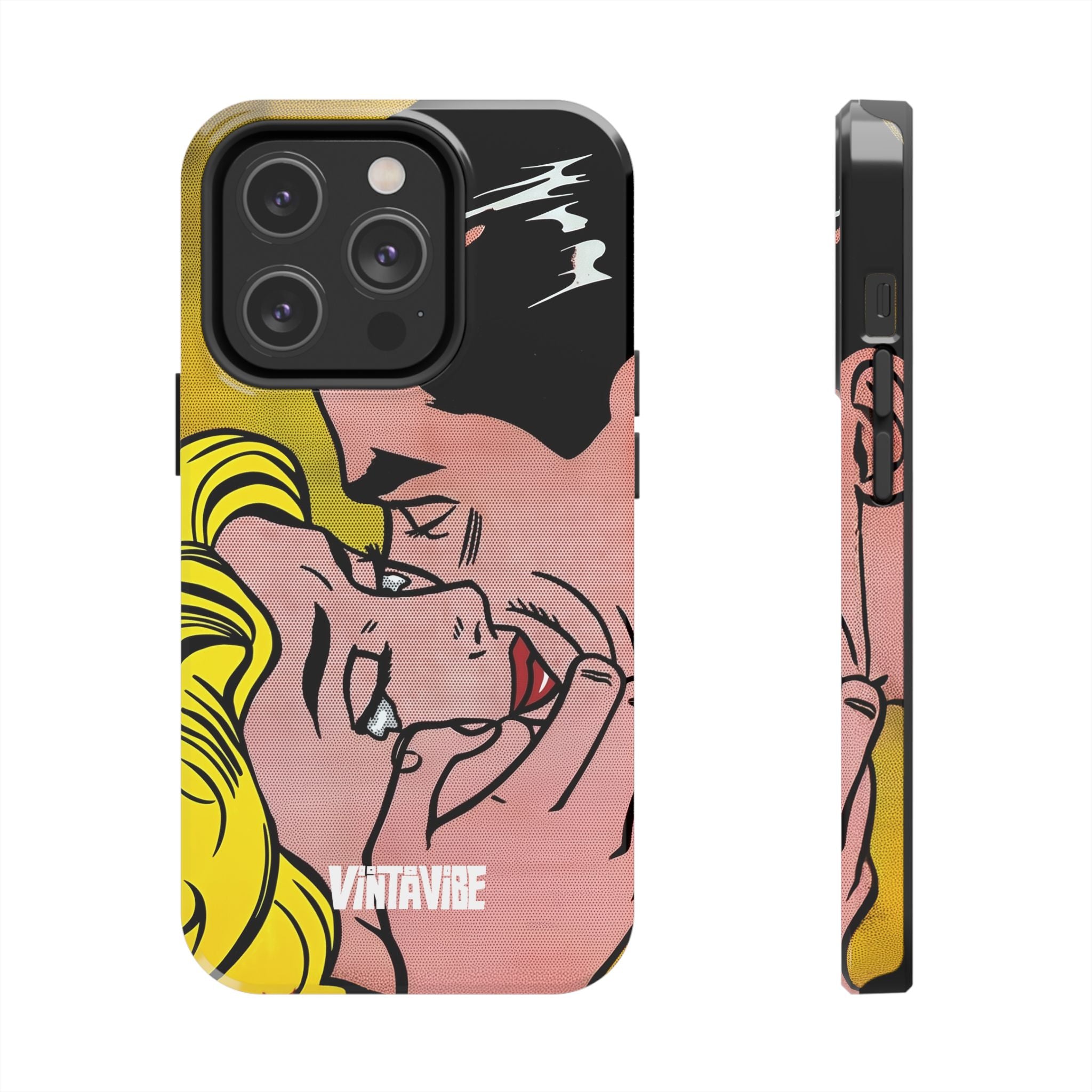 Pop art Tear Pop Hyper Vibe iPhone® case with expressive lovers and durable side grip, perfect for artistic phone users.