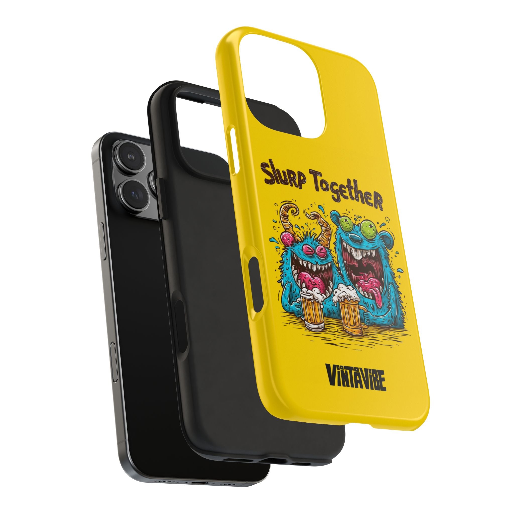 Exploded view of Weird Vibe iPhone® Case showing inner layers and durable build with bold cartoon monster design on yellow shell.