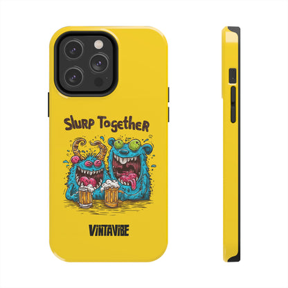 Weird Vibe iPhone® Case for iPhone 13 Mini with fun cartoon monster design and bright yellow shell for unique style.