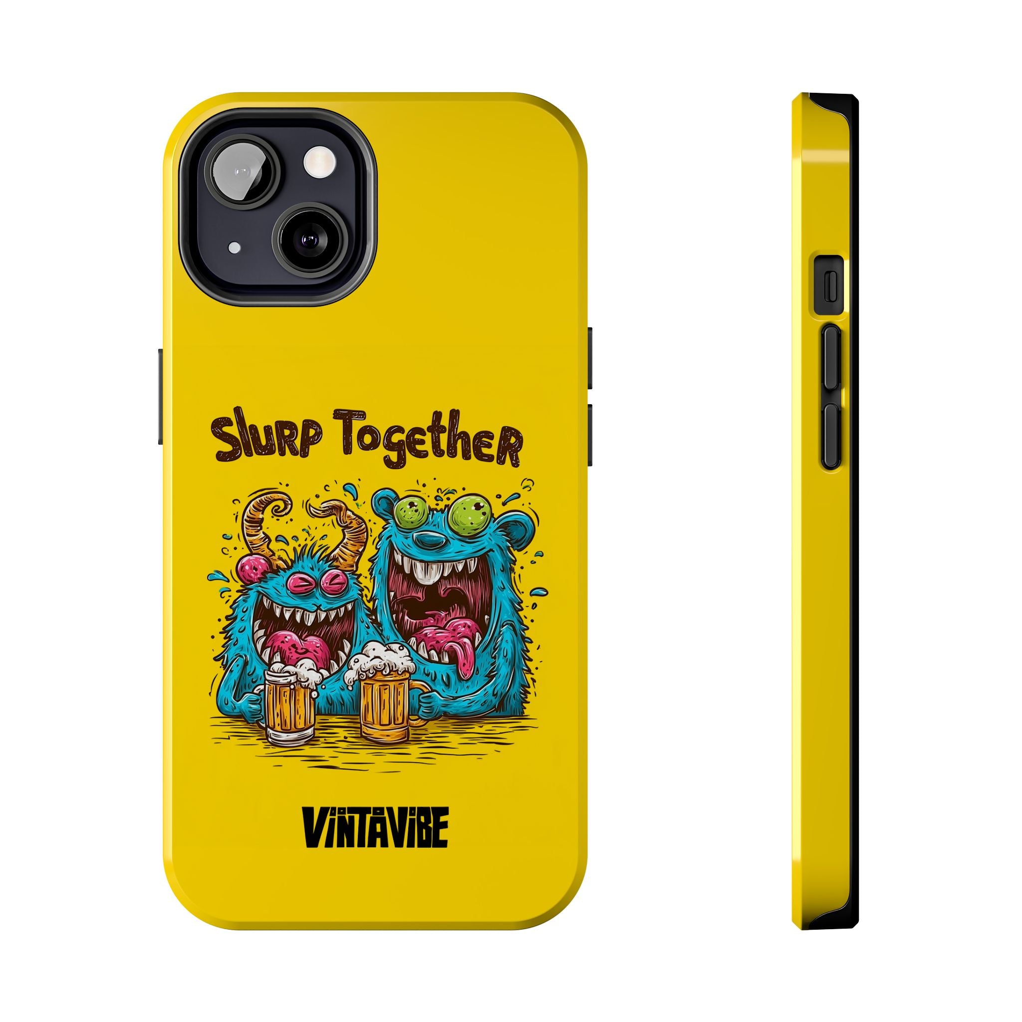 Weird Vibe iPhone® Case for iPhone 13 with vibrant monster art and yellow case, ideal for creative phone users.