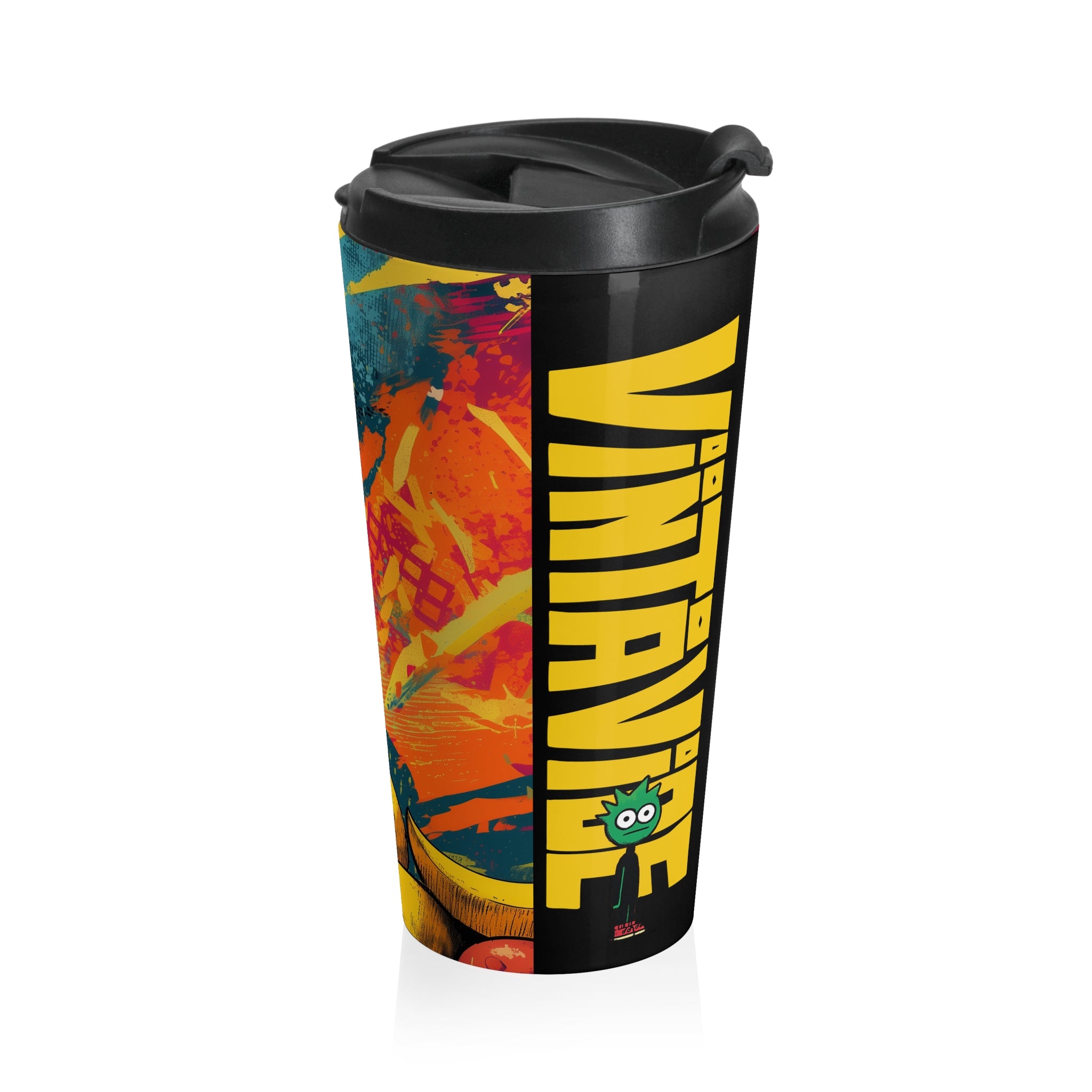 Spiked Punch Designer Travel Tumbler with VintaVibe branding, showcasing vibrant artwork and a playful green character on a black lid tumbler.