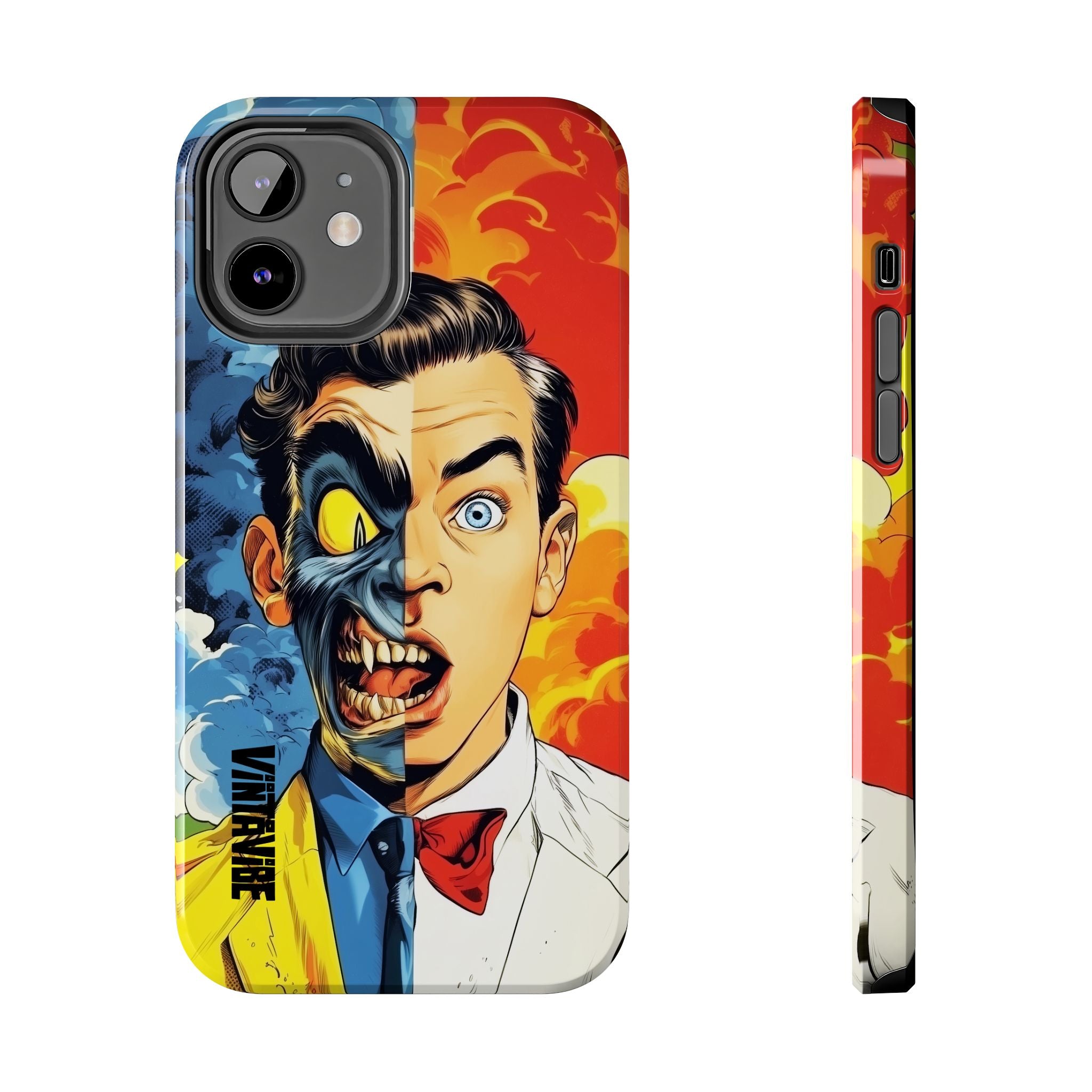 Colorful Dual Persona iPhone Case - Hyper Vibe with half-monster, half-human face, offering strong protection and standout design.