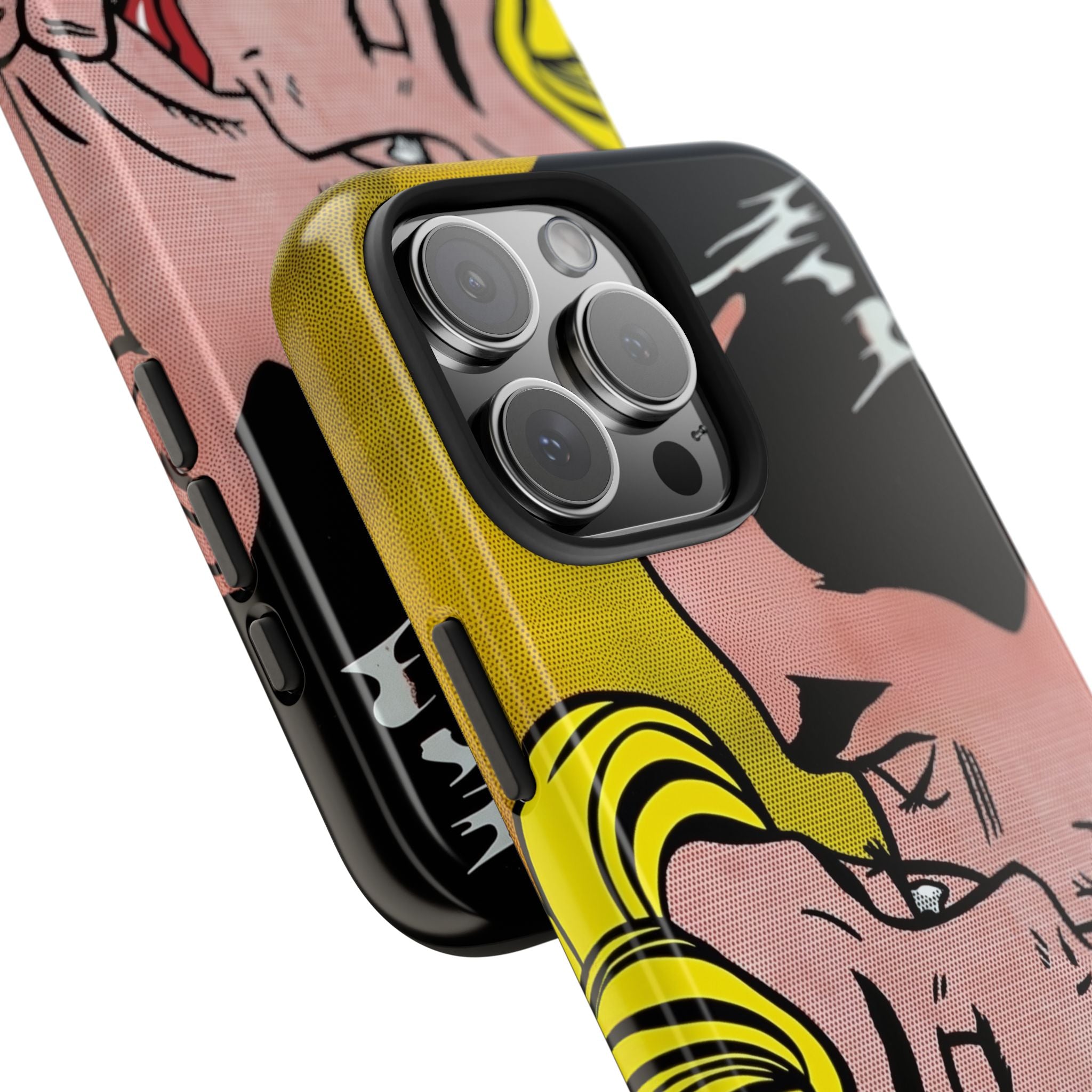 Close-up of Tear Pop Hyper Vibe iPhone® case showing vivid pop art kiss design and premium camera cutout for stylish protection.