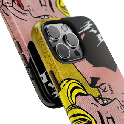 Close-up of Tear Pop Hyper Vibe iPhone® case showing vivid pop art kiss design and premium camera cutout for stylish protection.