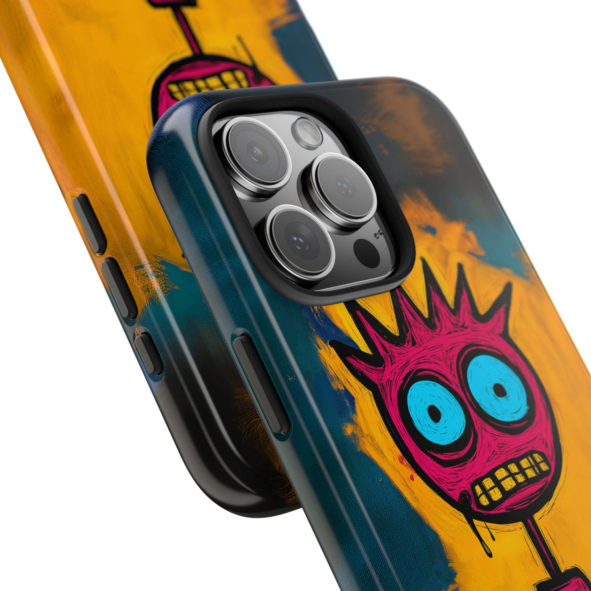 Close-up of Weird Vibe iPhone Case - Confused Zap showing detailed artwork and dual-layer protective build with vibrant colors.