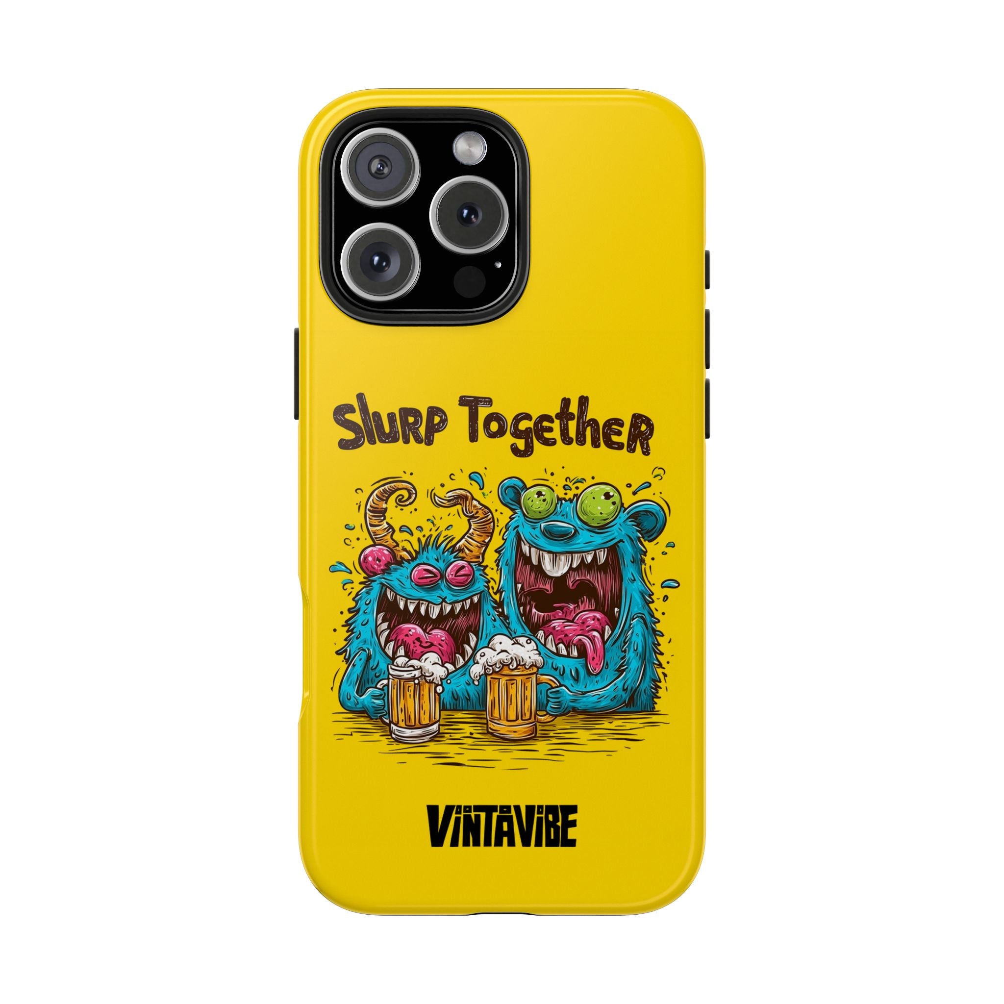 Weird Vibe iPhone® Case - Designer Protection | Bold Chaos featuring two cartoon monsters drinking beer on a bright yellow phone case.