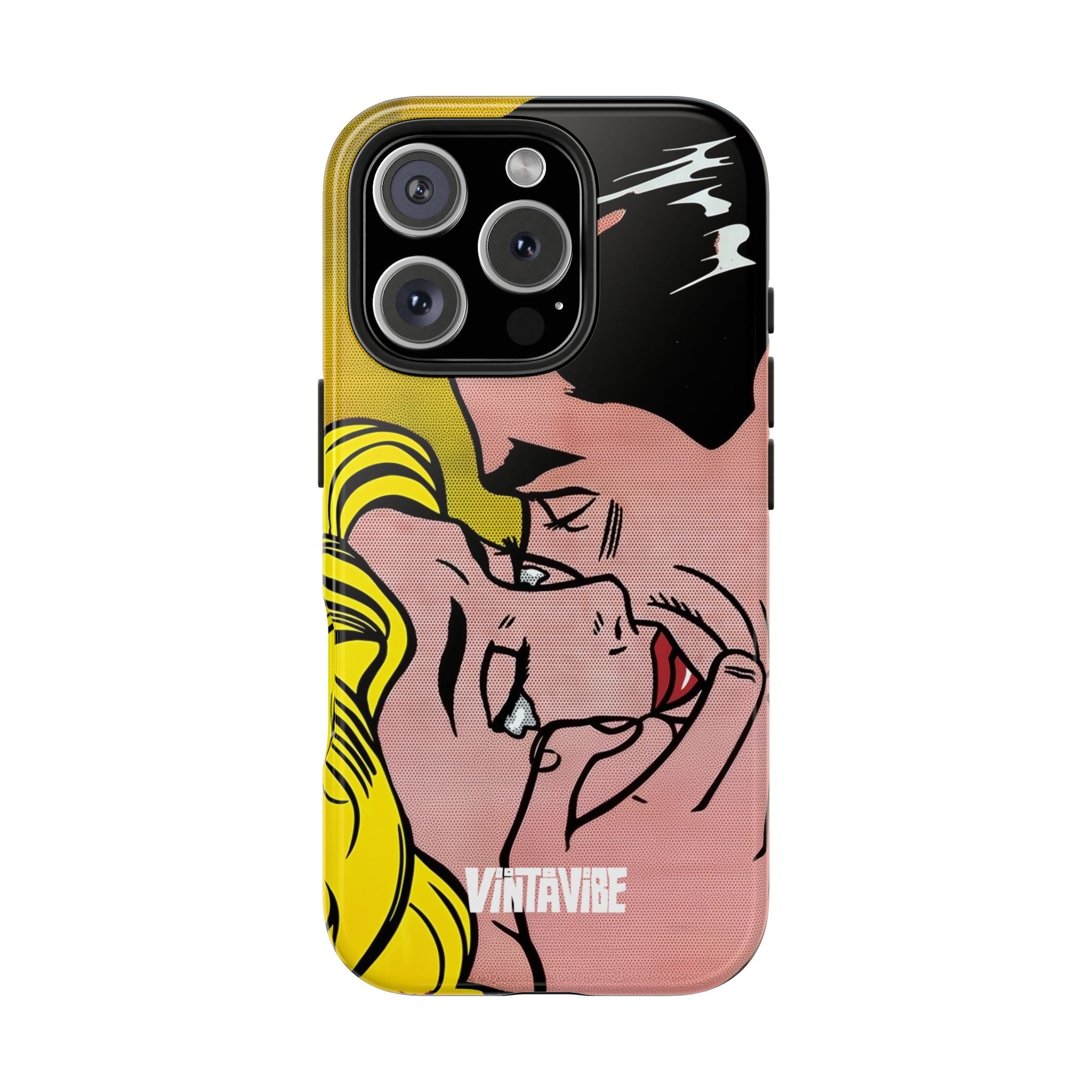 Pop art-inspired Tear Pop Hyper Vibe iPhone® case with vivid comic-style lovers' design, ideal for stylish phone protection and artistic flair.
