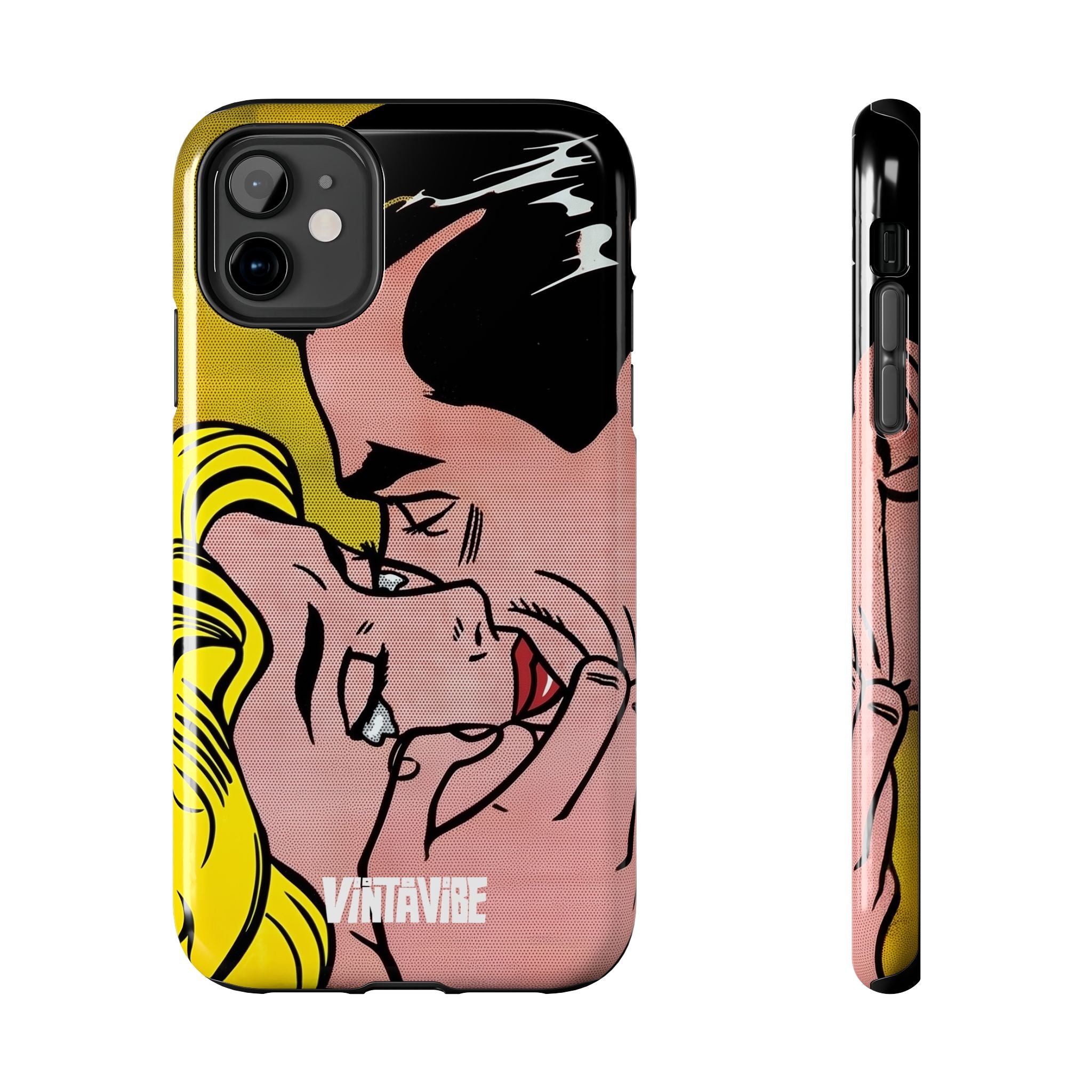 Side and back view of Tear Pop Hyper Vibe Case - Designer iPhone® Case showcasing vibrant pop art couple and slim protective profile.