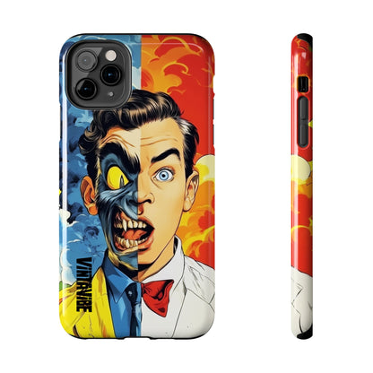 Hyper Vibe Dual Persona iPhone Case with expressive split-face design, highlighting durable side buttons and vivid back illustration.