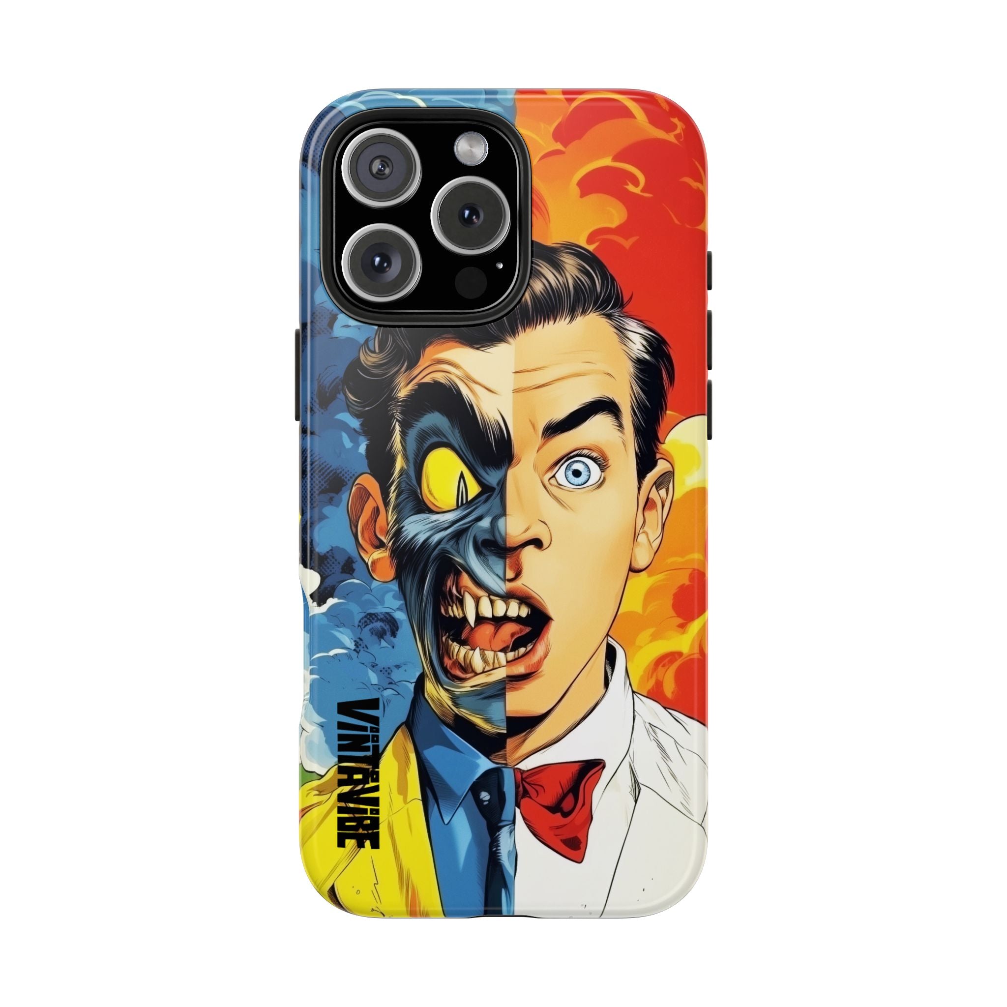 Dual Persona iPhone Case - Hyper Vibe design featuring a split-face character with fire and smoke background, offering bold protection and vivid style.