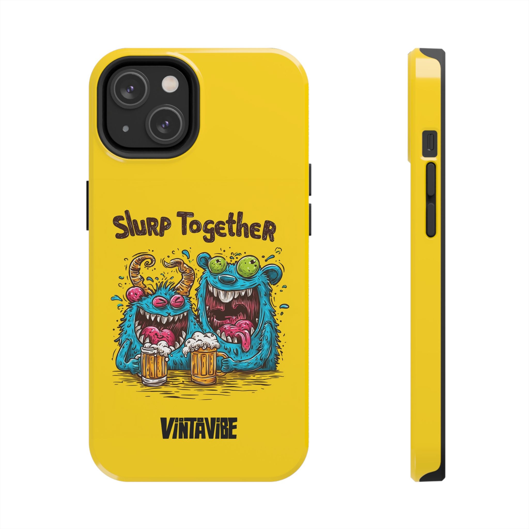 Weird Vibe iPhone® Case for iPhone 13 Pro Max with colorful monster duo and yellow background for bold phone protection.
