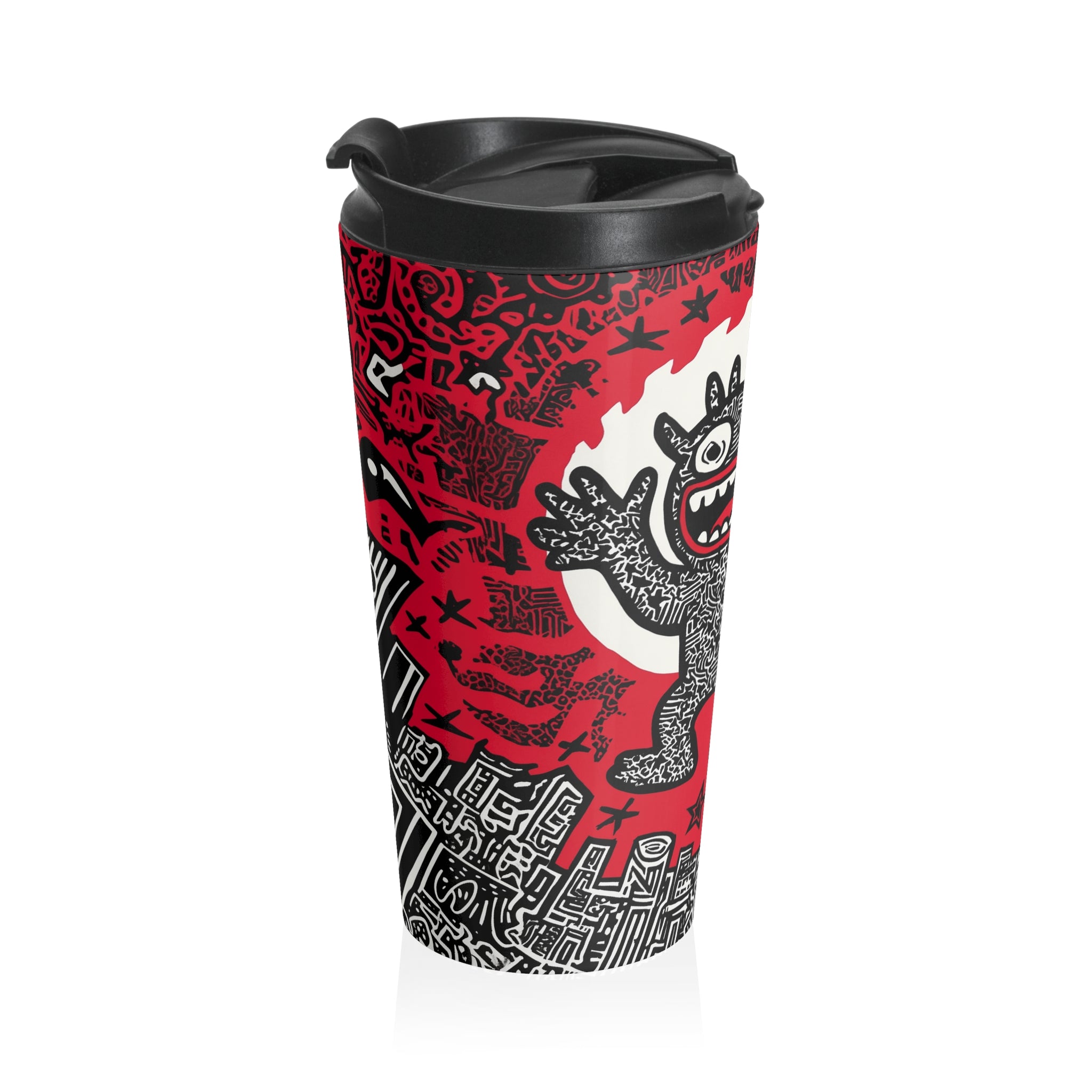 City Scream Designer Travel Tumbler with expressive monster graphic and cityscape doodles, a unique and colorful BPA-free stainless steel mug.