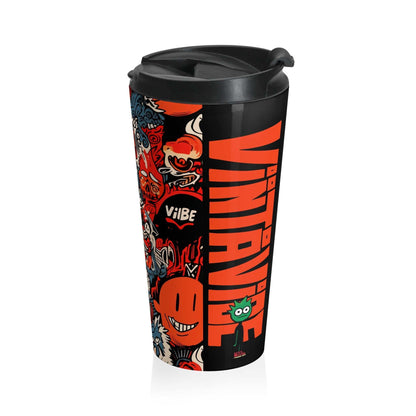 Designer Travel Tumbler - VintaVibe Energy with bold VintaVibe logo and expressive monster art, perfect for vibrant, on-the-go lifestyles.