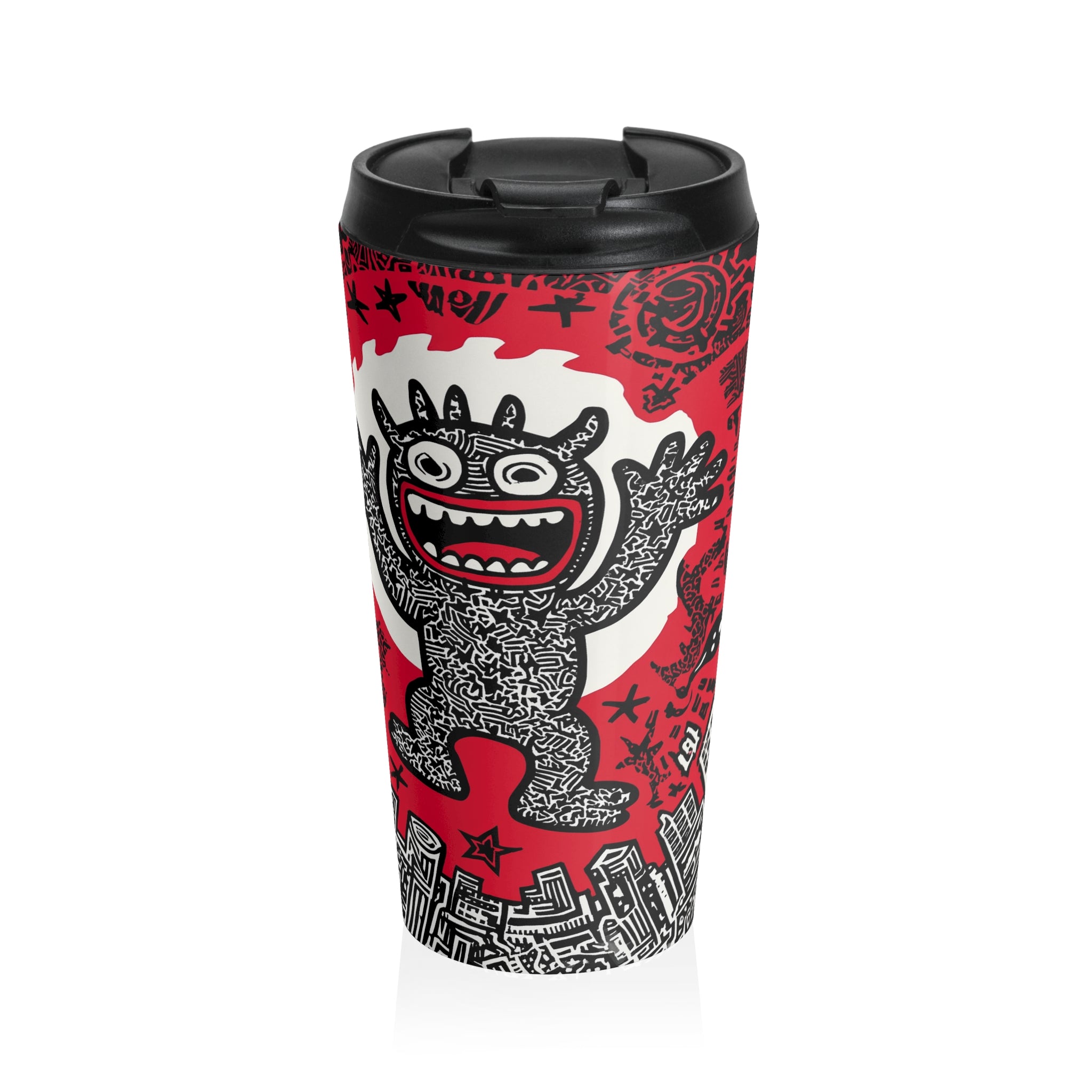 City Scream Tumbler - Designer Travel | Stainless, BPA-Free with bold monster artwork and red urban graffiti design, ideal for artistic coffee lovers.