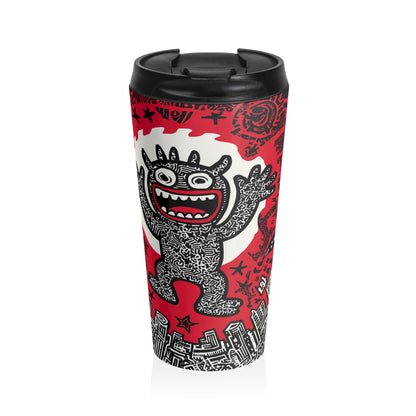 City Scream Tumbler - Designer Travel | Stainless, BPA-Free with bold monster artwork and red urban graffiti design, ideal for artistic coffee lovers.
