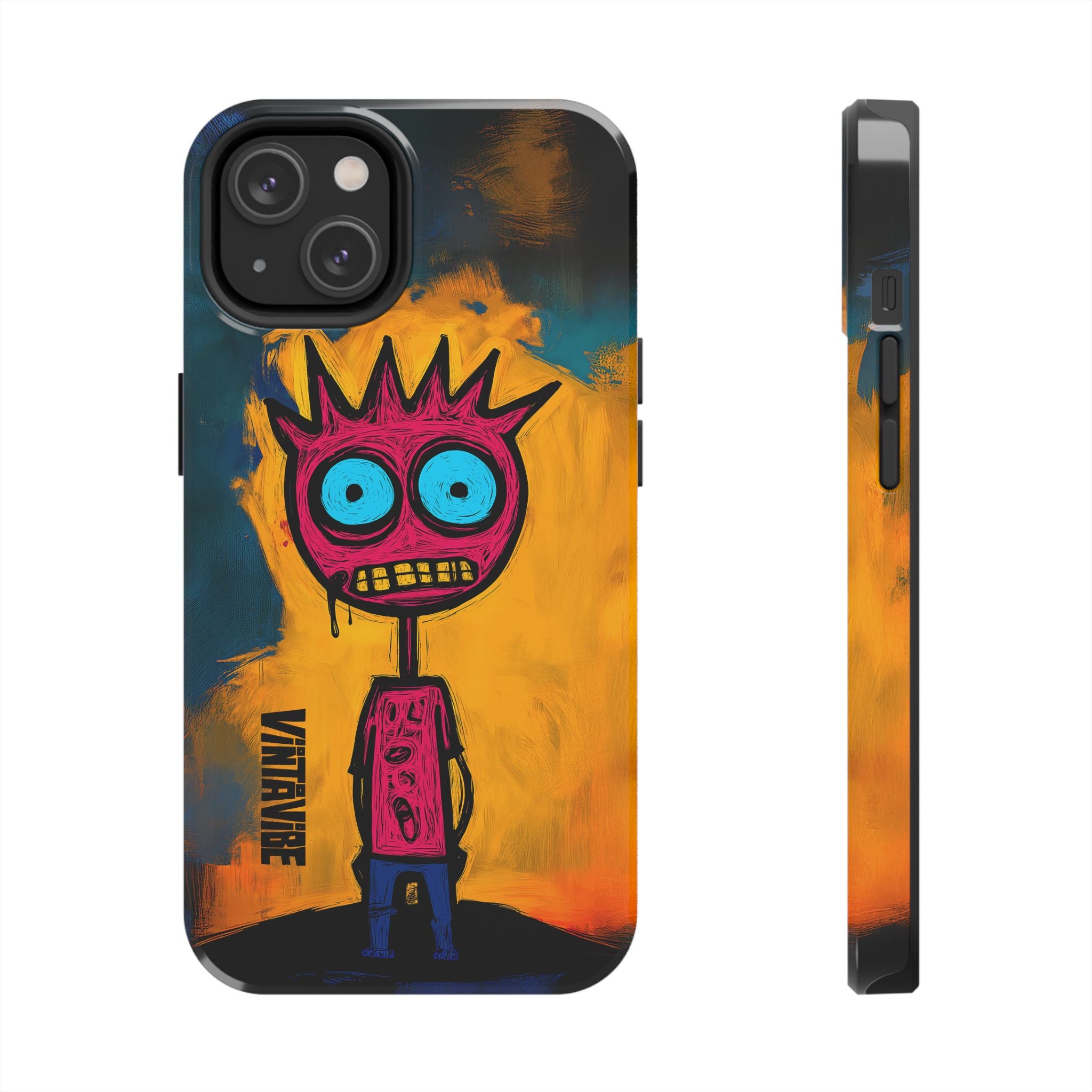 Weird Vibe iPhone Case - Confused Zap with edgy cartoon artwork and protective features, shown in front and side views.