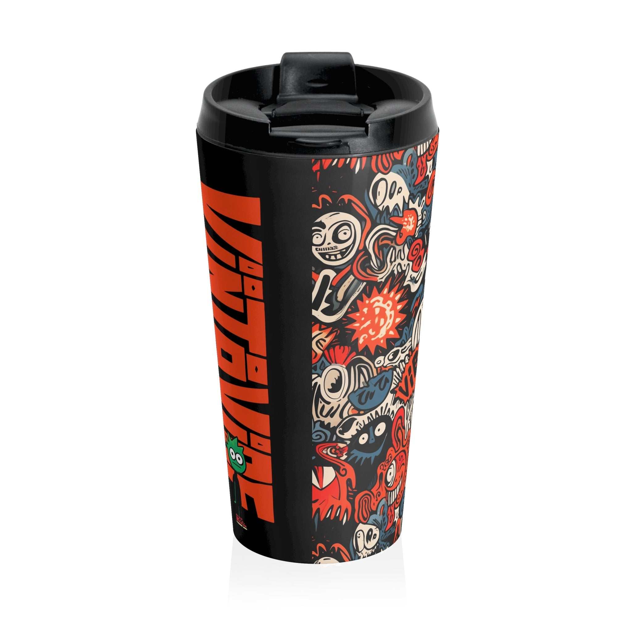 Vibe Swarm Designer Travel Tumbler with VintaVibe branding and energetic cartoon chaos, ideal for expressive drinkware collectors and travelers.