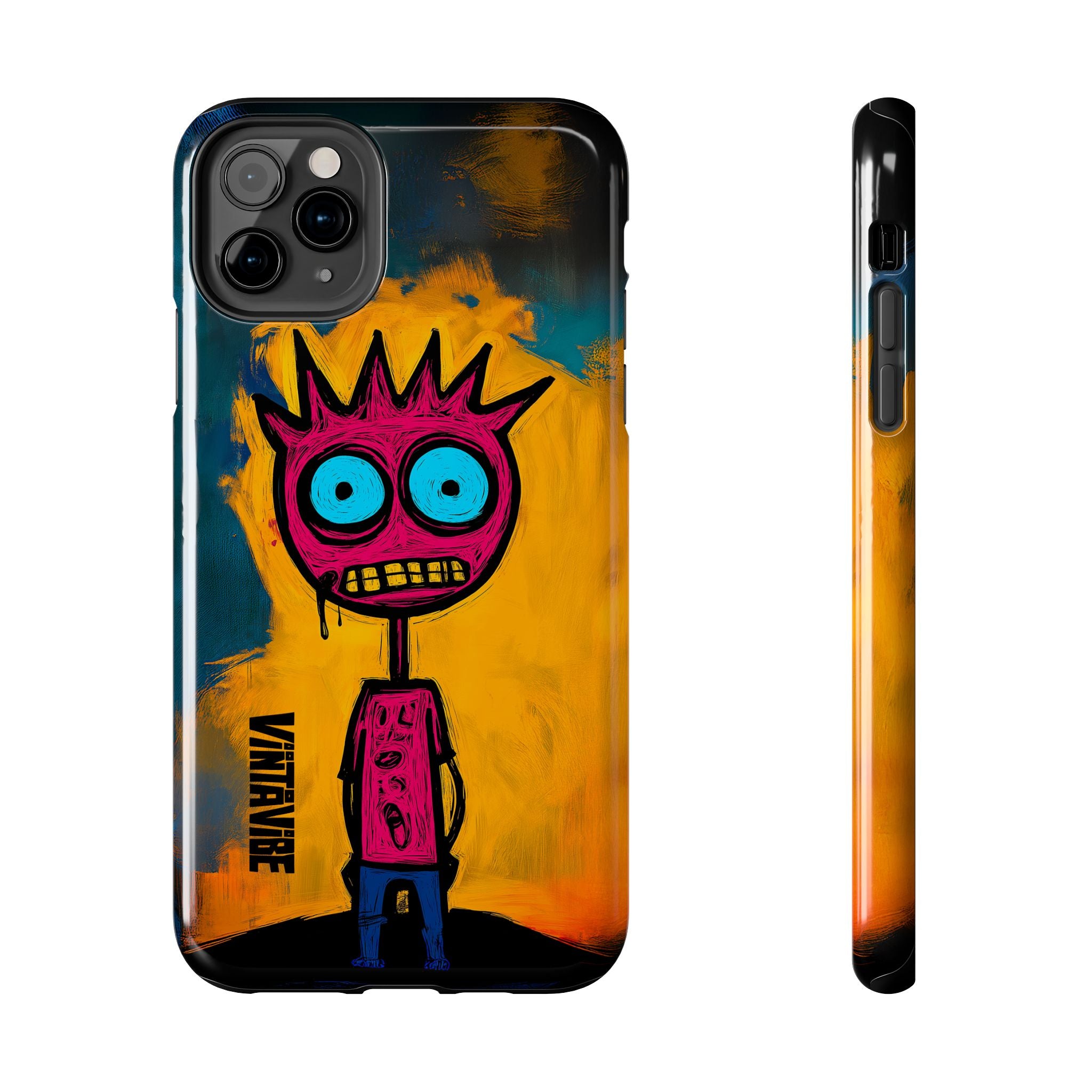 Side and front views of Weird Vibe iPhone Case - Confused Zap showcasing slim profile and colorful abstract character design.