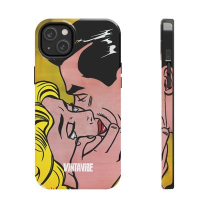 Designer iPhone® case Tear Pop Hyper Vibe with vibrant pop art couple and protective side view for stylish phone users.