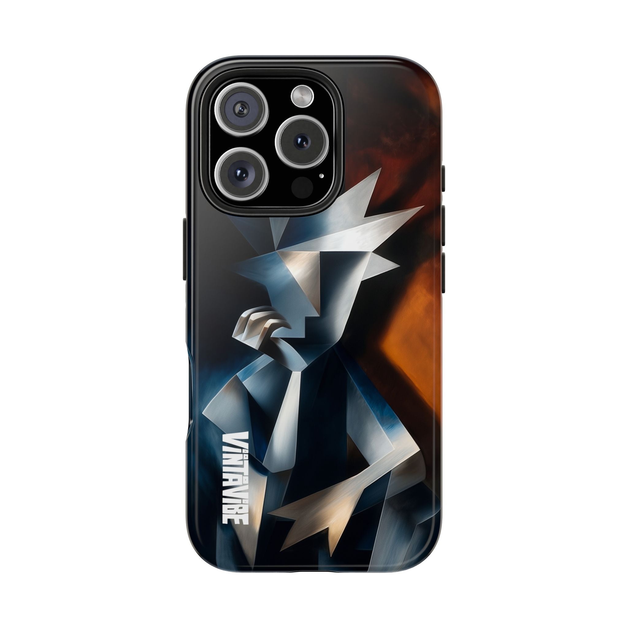 Minimalist Silent Form iPhone® Case showcasing a stylized geometric figure in cool and warm hues, perfect for modern art lovers and sleek phone protection.