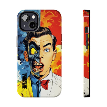 Dual Persona iPhone Case by Hyper Vibe with fiery and smoky split-face design, offering bold protection and artistic flair.