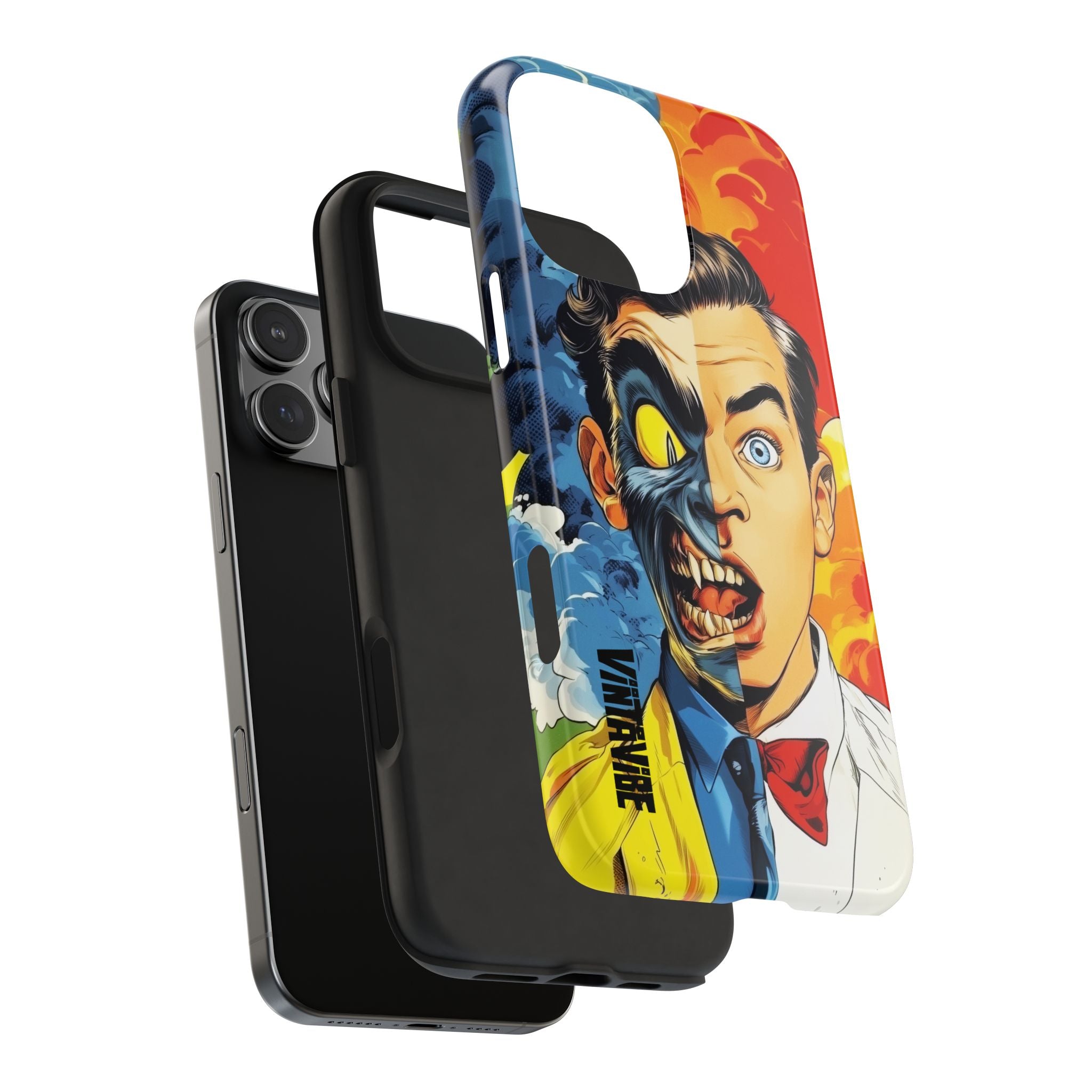 Exploded view of Dual Persona iPhone Case by Hyper Vibe, displaying inner layers and bold outer shell with expressive artwork.