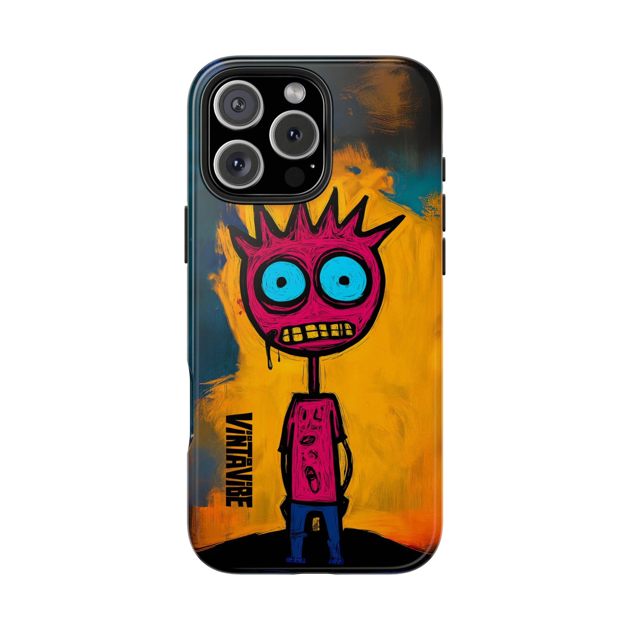 Weird Vibe iPhone Case - Confused Zap design featuring a bold pink cartoon figure with blue eyes on a vivid orange and black background.