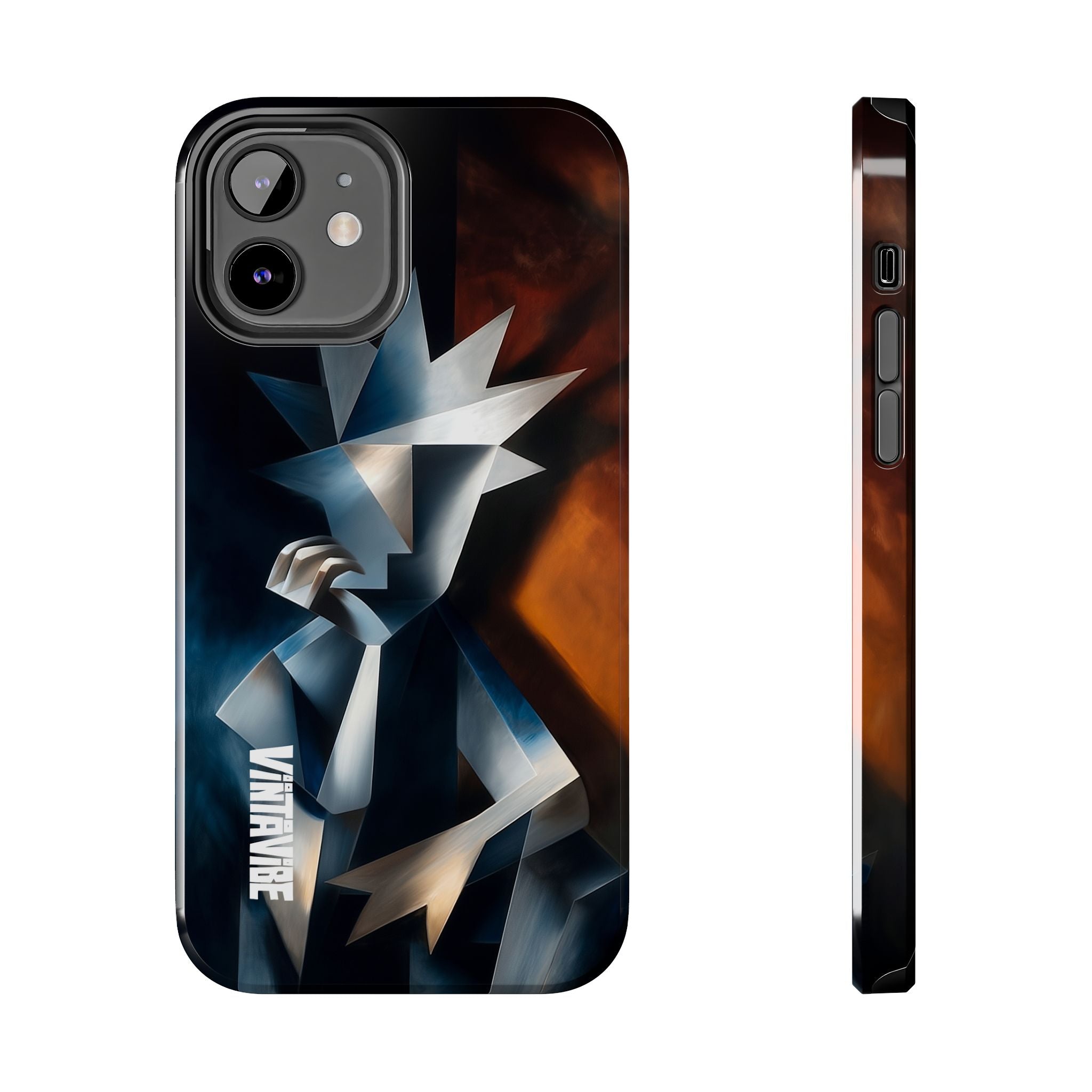 Silent Form iPhone® Case with expressive abstract figure in steel blue and fiery orange, designed for modern aesthetic appeal.