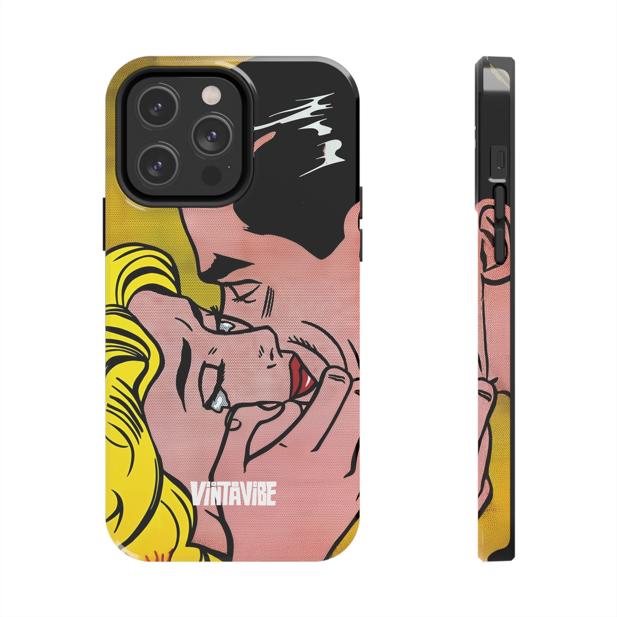 Tear Pop Hyper Vibe iPhone® case featuring bold comic-style kiss and sleek side buttons for a modern, expressive look.