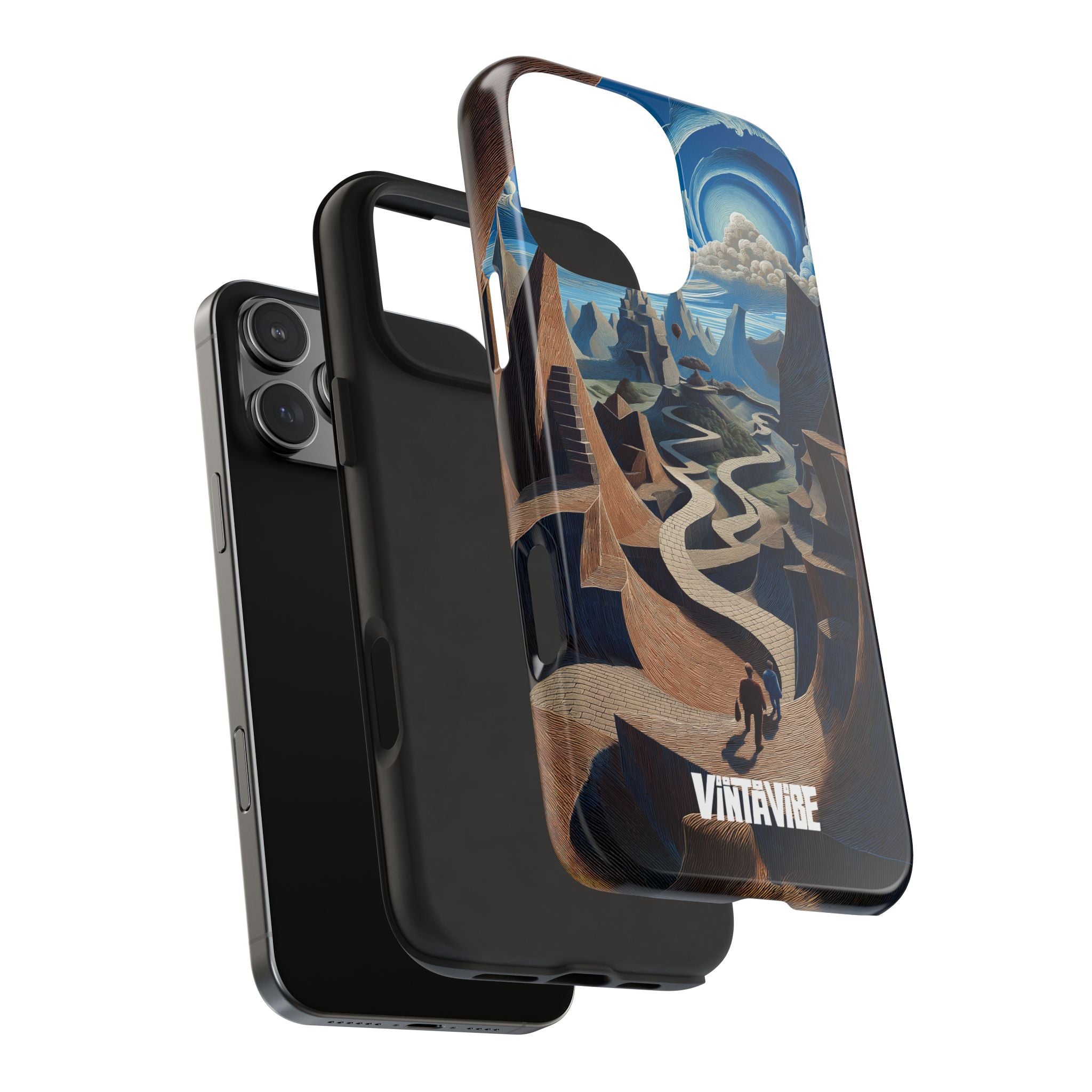 Exploded view of Winding Realities iPhone® Case showing dual-layer protection and vivid designer artwork for iPhone® users.
