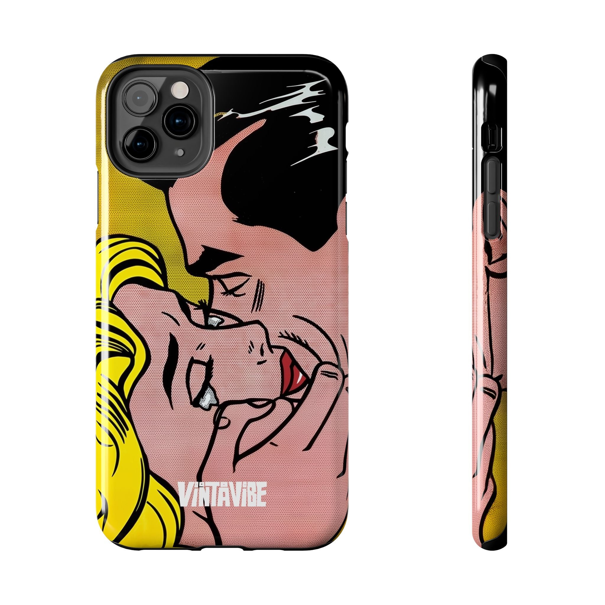 Designer iPhone® case Tear Pop Hyper Vibe with bold pop art kiss scene and durable edge protection for modern mobile users.