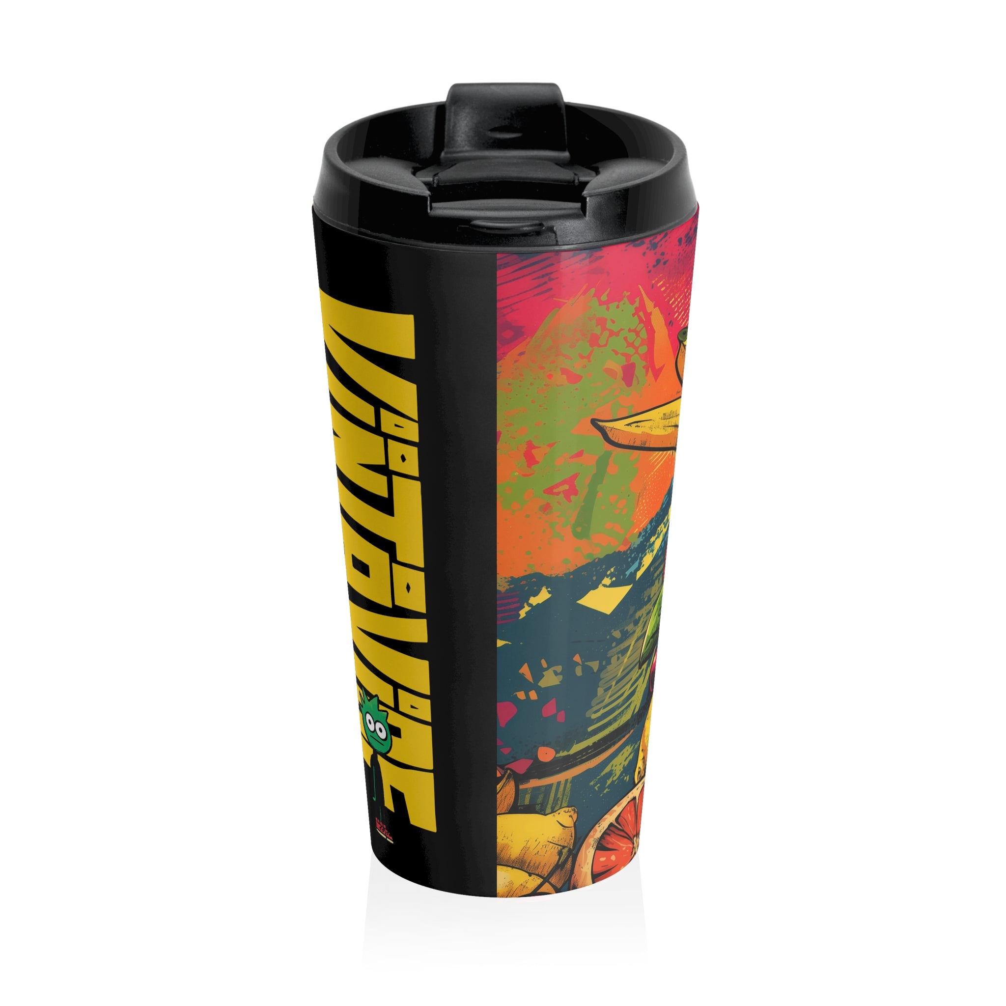 VintaVibe Spiked Punch Travel Tumbler with vivid fruit graphics and a fiery background, perfect for energetic, designer drinkware collections.
