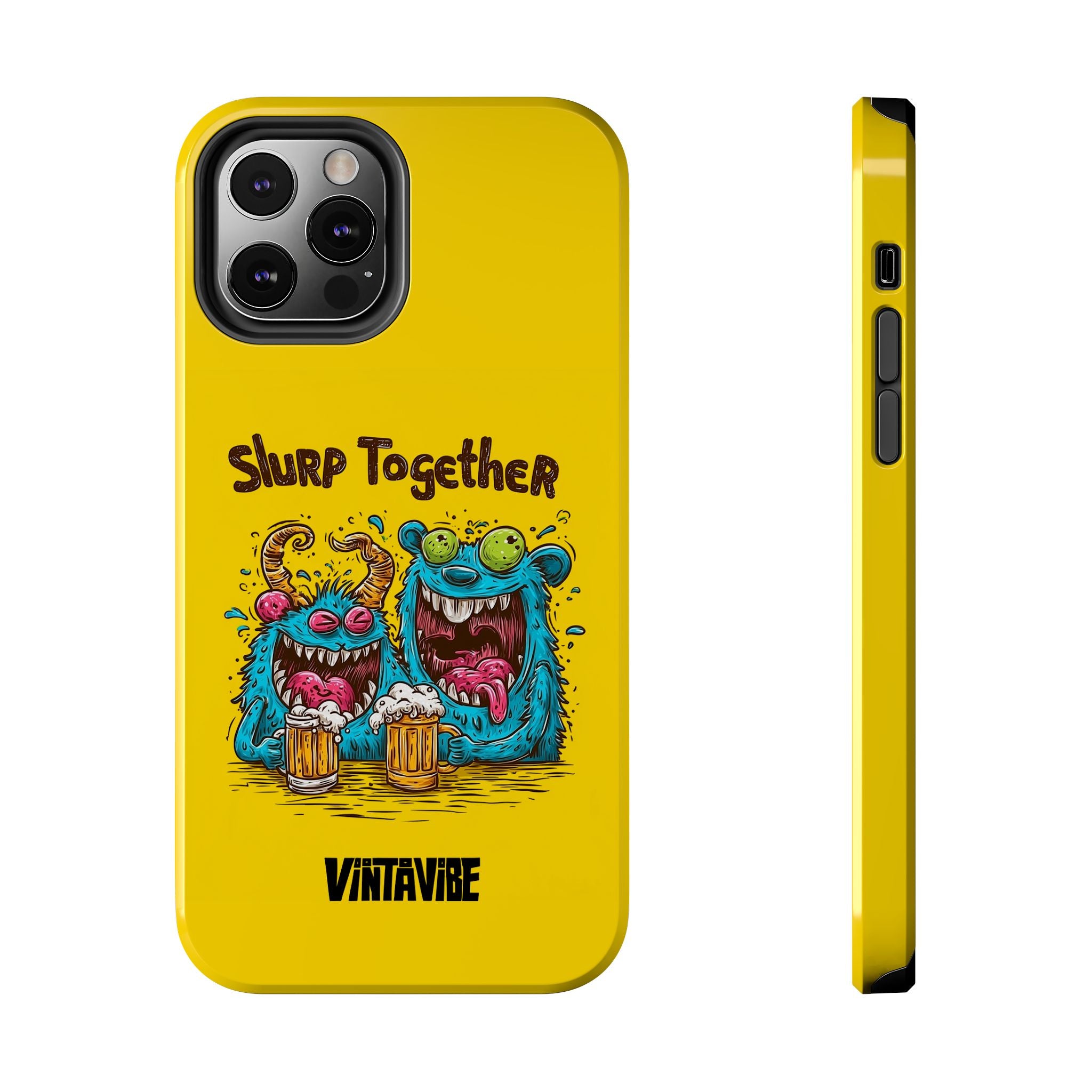 Weird Vibe iPhone® Case for iPhone 12 Pro Max with colorful monster duo and bold yellow background for standout protection.