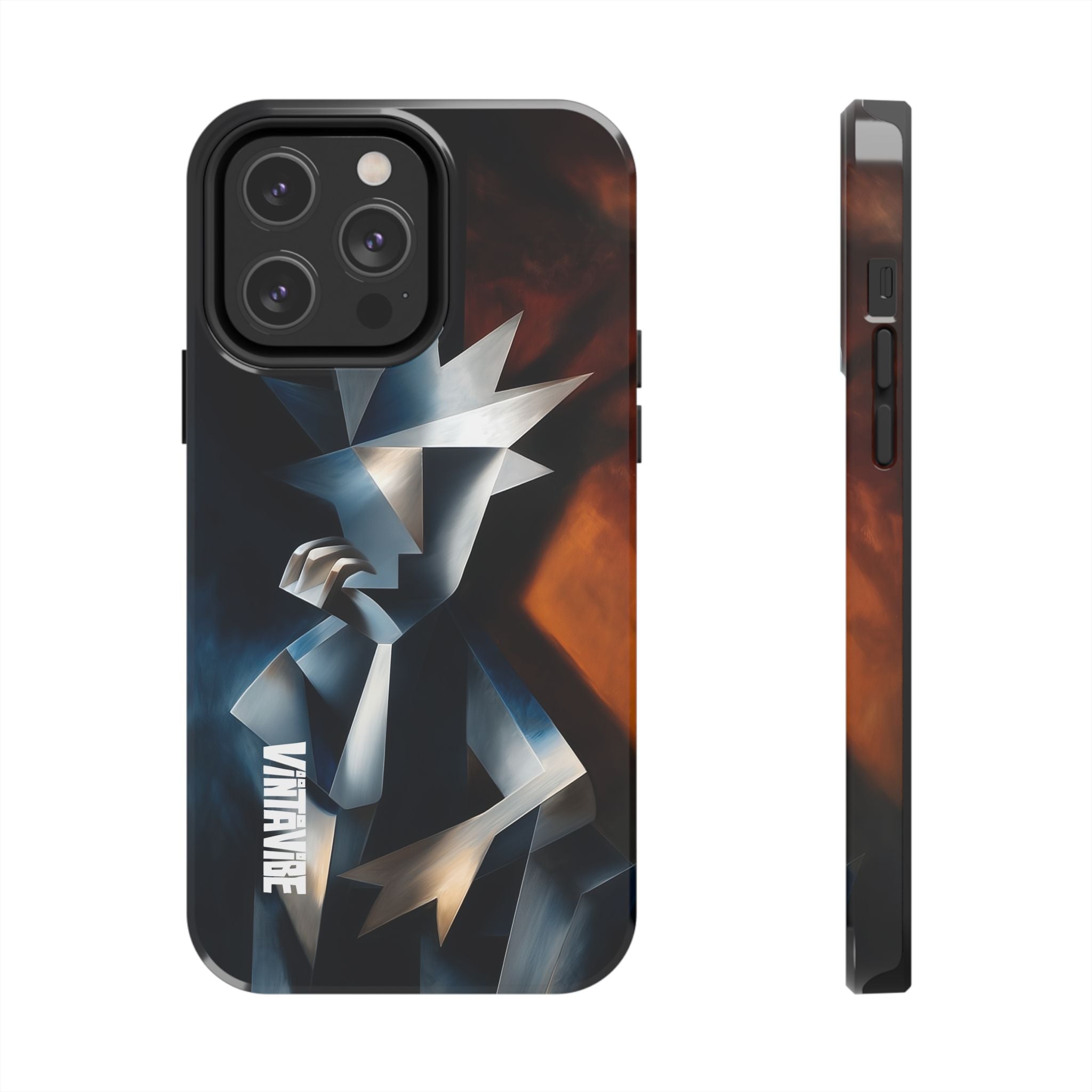 Silent Form iPhone® Case with expressive angular figure and dual-tone background, combining art and durability.