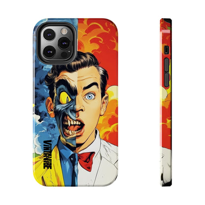 Hyper Vibe Dual Persona iPhone Case with intense comic-style artwork, shown with precise camera cutout and sleek side profile.