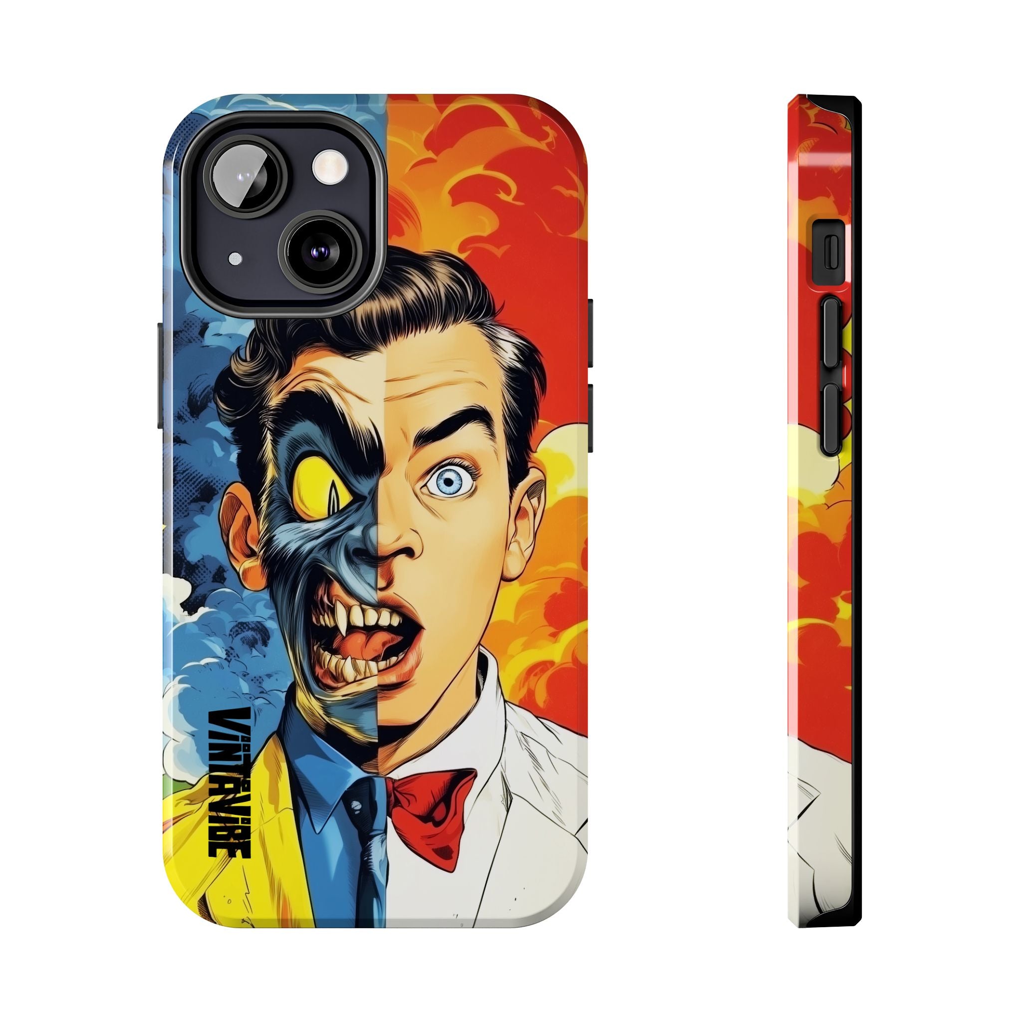 Hyper Vibe Dual Persona iPhone Case with dynamic character art, shown from side and back to highlight slim, protective build.