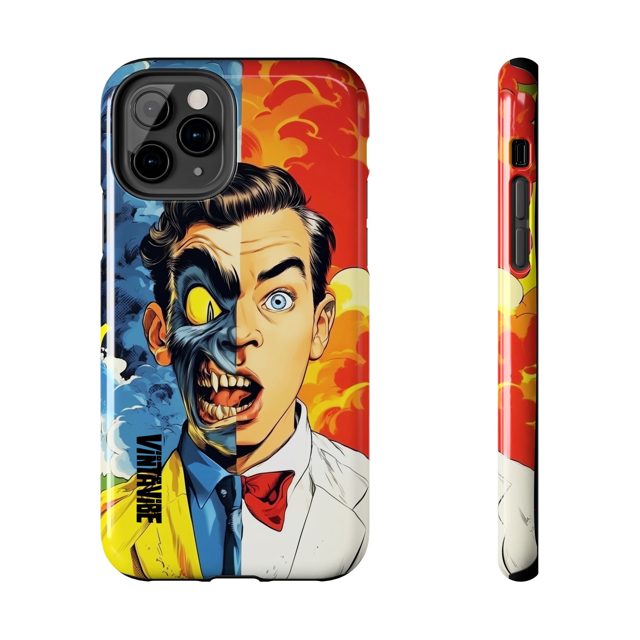 Bold Dual Persona iPhone Case by Hyper Vibe with fiery and smoky background, shown from back and side angles for detailed product view.