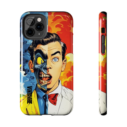Bold Dual Persona iPhone Case by Hyper Vibe with fiery and smoky background, shown from back and side angles for detailed product view.