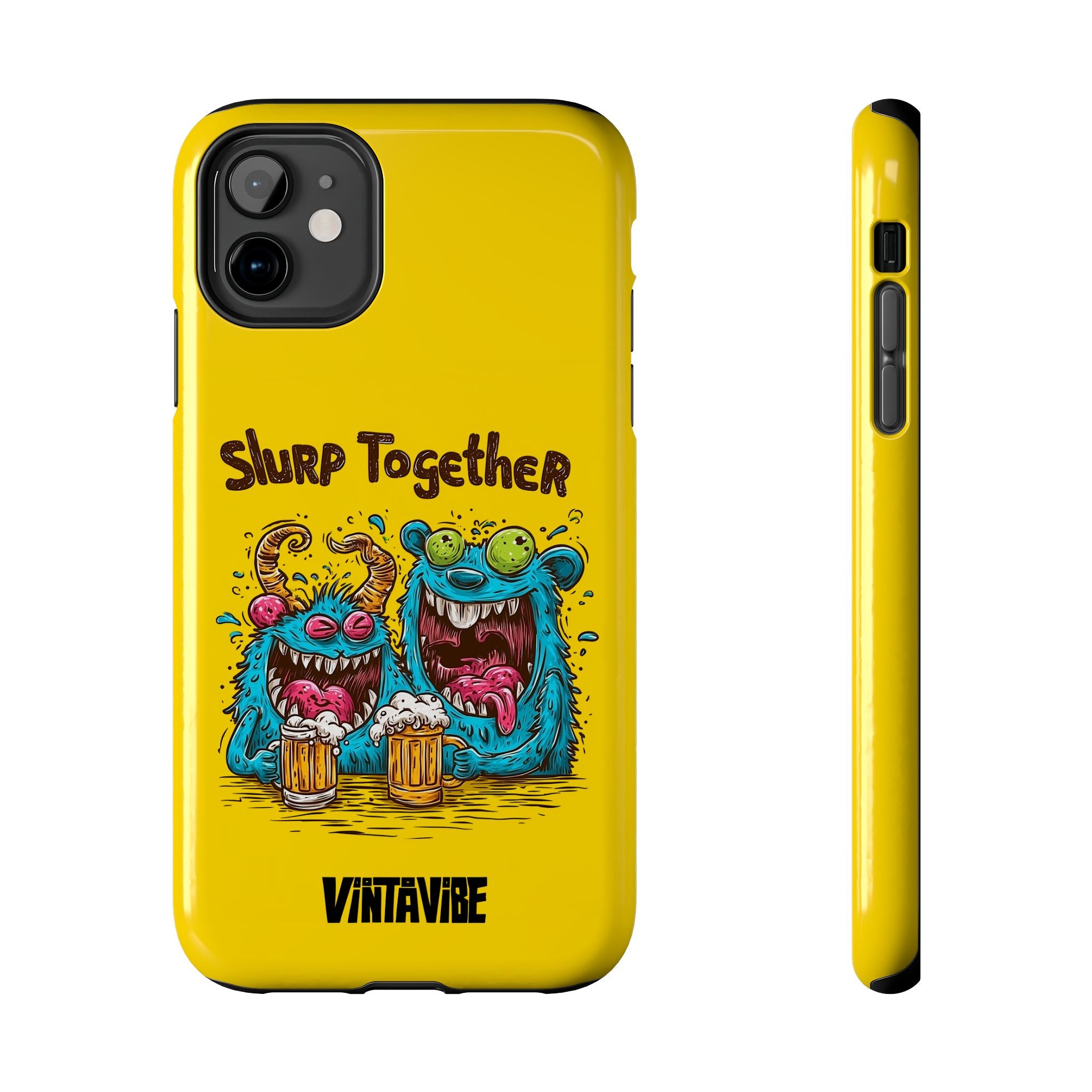 Side and back view of Weird Vibe iPhone® Case for iPhone 11, featuring cartoon chaos and vibrant yellow finish.