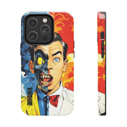Hyper Vibe Dual Persona iPhone Case with expressive half-human, half-monster face, shown in back and side views for detail.
