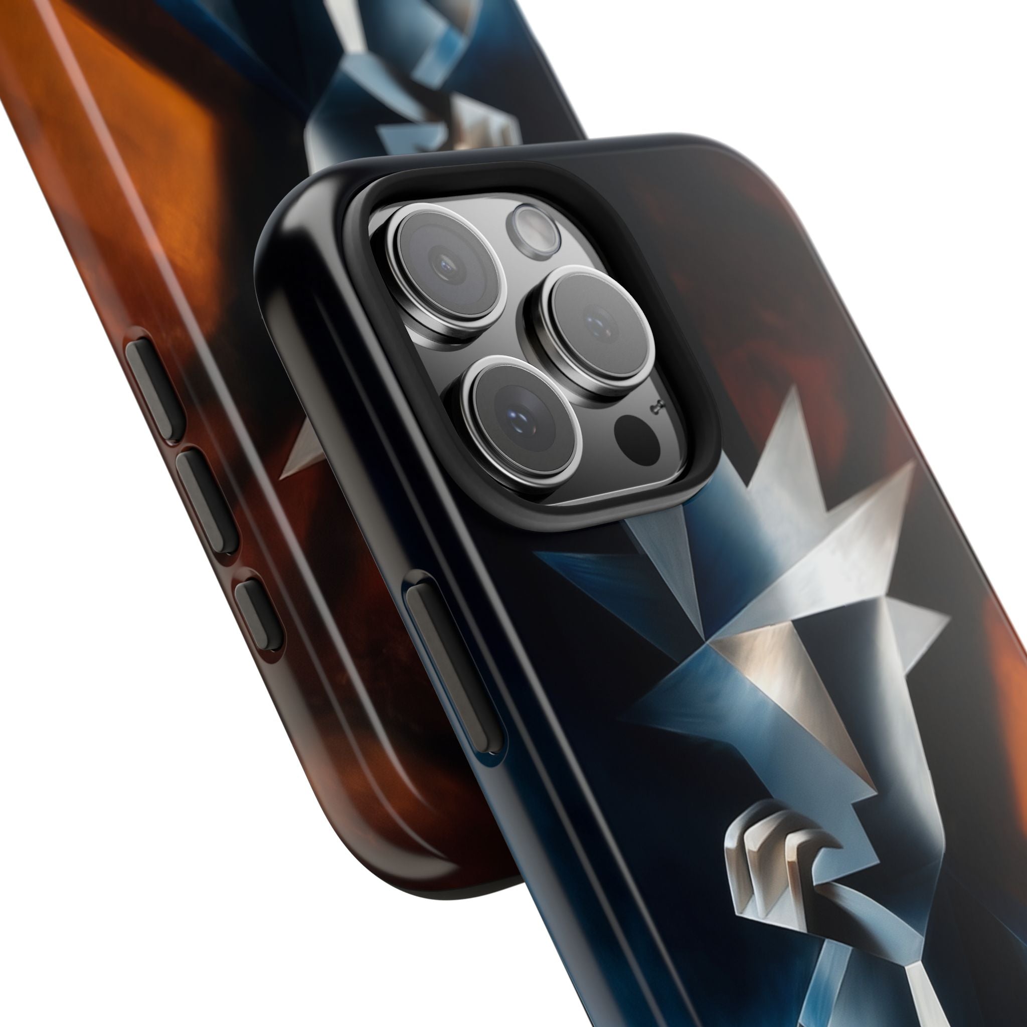 Close-up of Silent Form iPhone® Case showing camera cutout and glossy finish with striking abstract figure design.